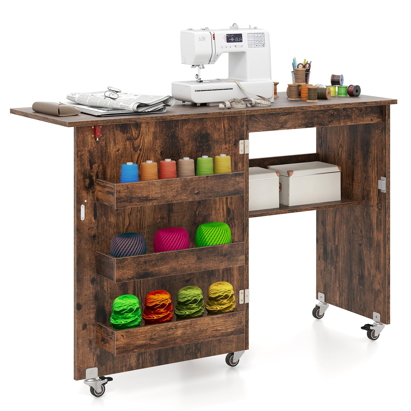 LIFEZEAL Nähmaschinenschrank klappbar, Nähschrank 2 in 1, Schreibtisch Holz mit Haken, Ablage & Rollen, Mobiler Nähtisch Nähmöbel für Zuhause & Büro (Braun, 117 x 40 x 77cm)