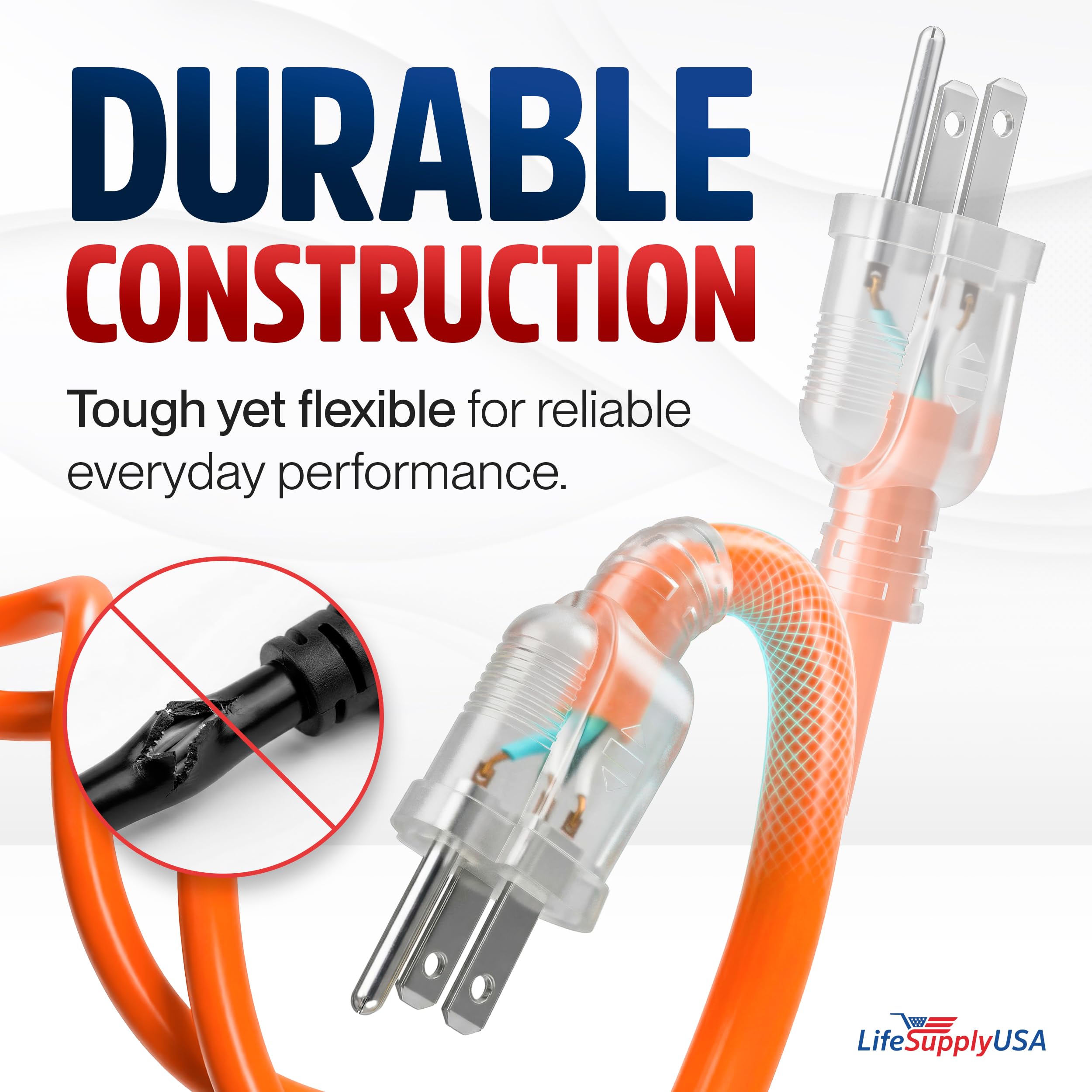 LifeSupplyUSA - Cable de extensión de alimentación de 25 pies, interior y exterior, resistente, 3 puntas SJTW, calibre 12, extremo iluminado, durabilidad extra, 15 amperios, 125 voltios, 1875 vatios,