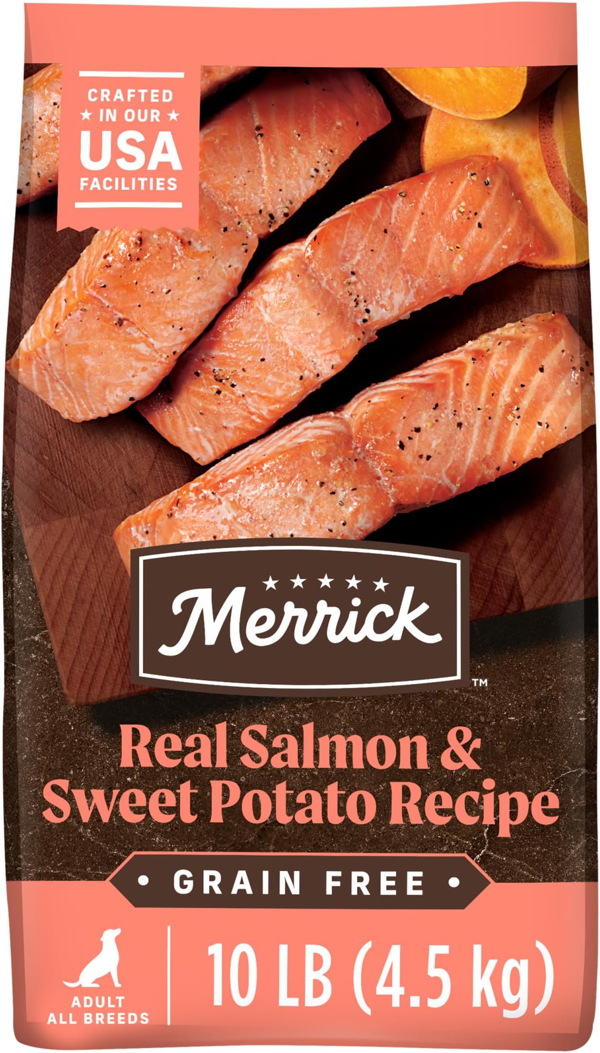 - Merrick Premium Grain Free Dry Adult Dog Food, Wholesome And Natural Kibble With Real Salmon And Sweet Potato - 10.0 lb. Bag