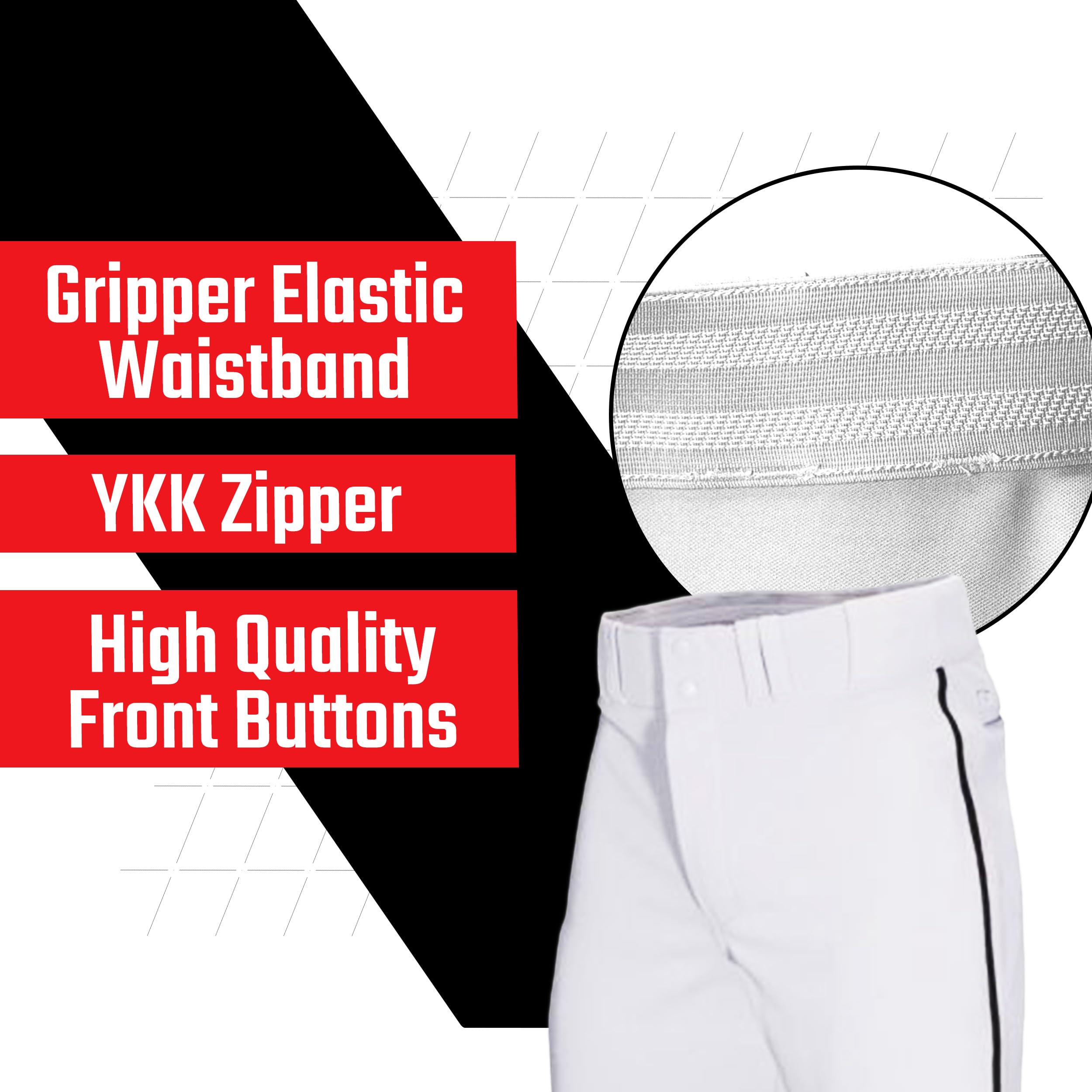 Baseball Express Men's Triple Play Open Bottom Baseball Pants, Adjustable Length, Piped Adult Game Pant with Elastic Waistband and Double Knee, YKK Zipper, White/Black, Extra Large