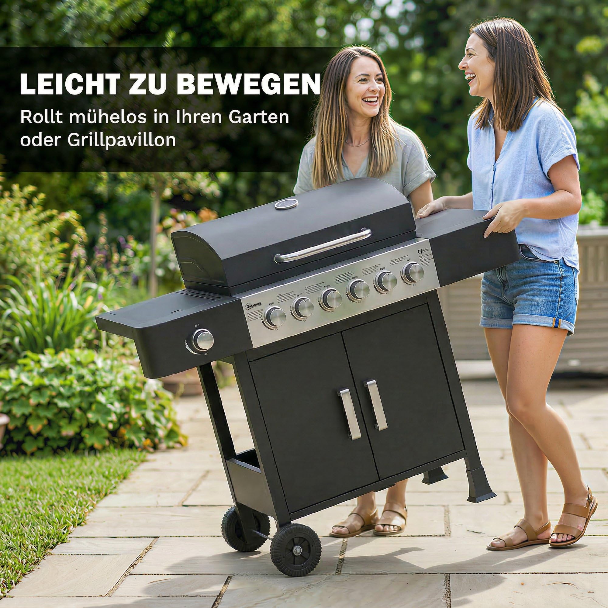 Outsunny Gasgrill 17,8 KW 6+1 Brenner BBQ Grillwagen aus Edelstahl inkl Rolle Seitenbrenner Thermometer Emaille-Grillrost Warmhalterost Seitentisch Unterschrank, Gas-Grill für Balkon BBQ Party