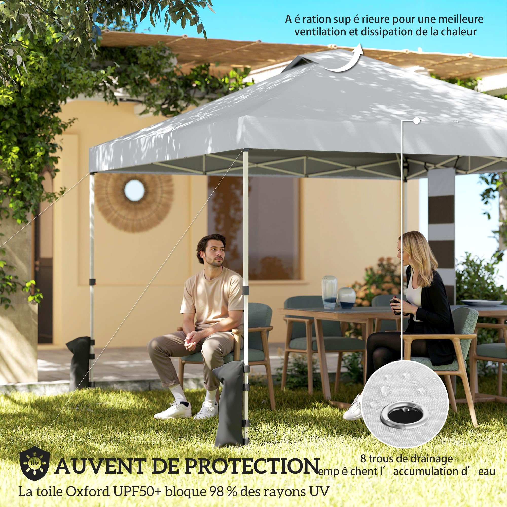 Outsunny Tonnelle de Jardin 3 x 3 m Pop Up Hauteur Réglable UV50+ Blanc