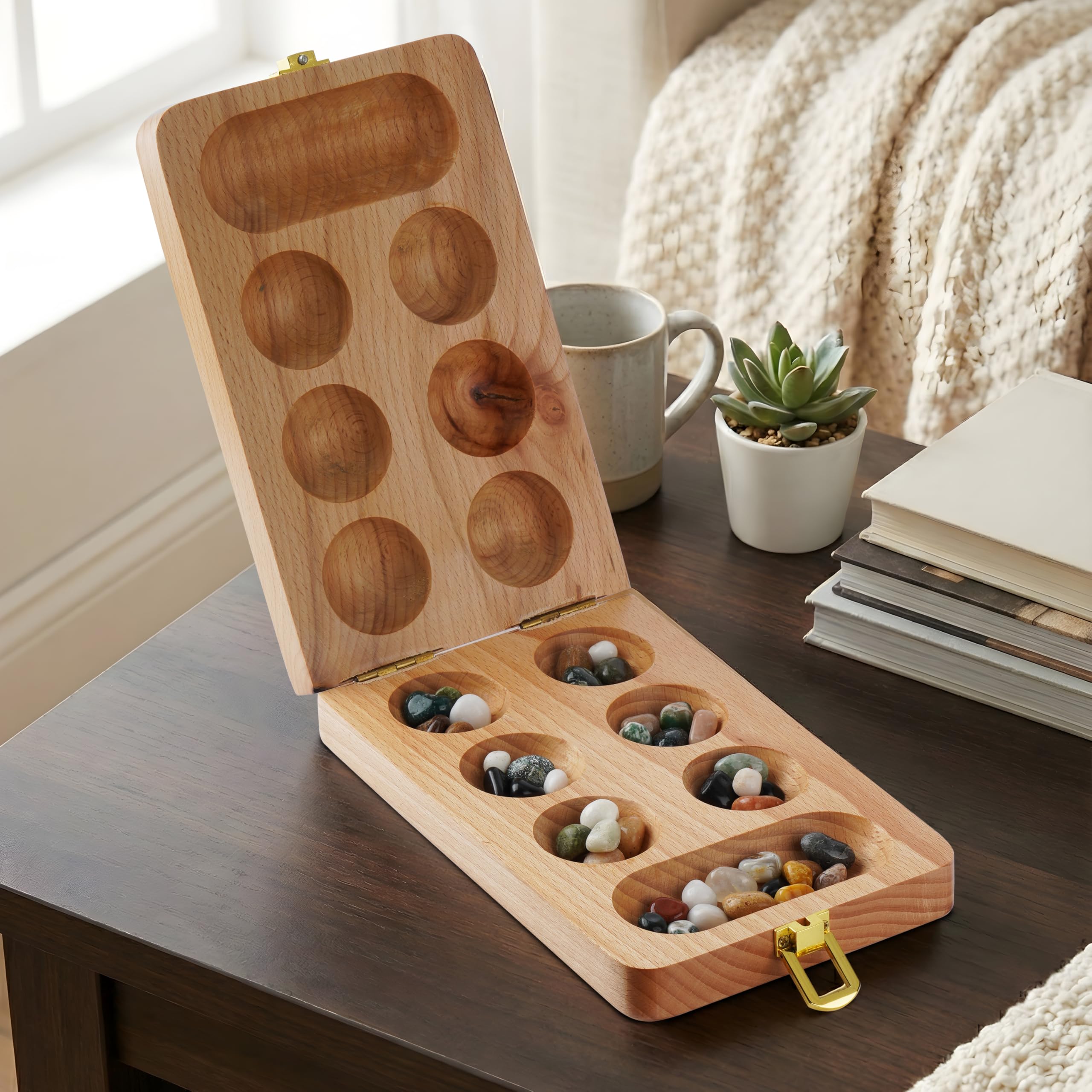 Gioco Mancala Hus Bao In Legno Pieghevole 35 Cm – Gioco Dei Fagioli Con Pietre Preziose