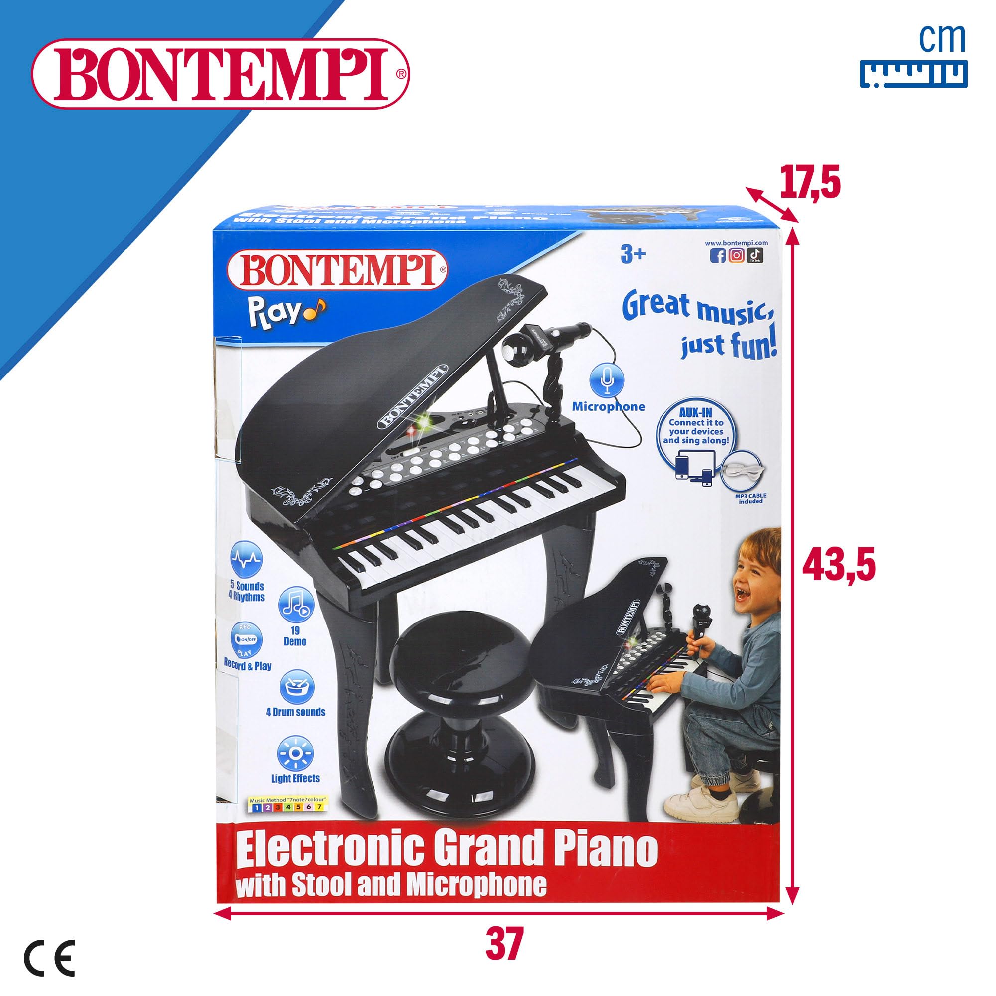ColorBaby Bontempi Piano Infantil de Cola con 32 Teclas, Micrófono, Taburete, Luces, guía de Colores, grabación, Reproducción, Entrada Auxiliar, Estructura Estable, 40x46x62 cm, Desde 3 años (39217)