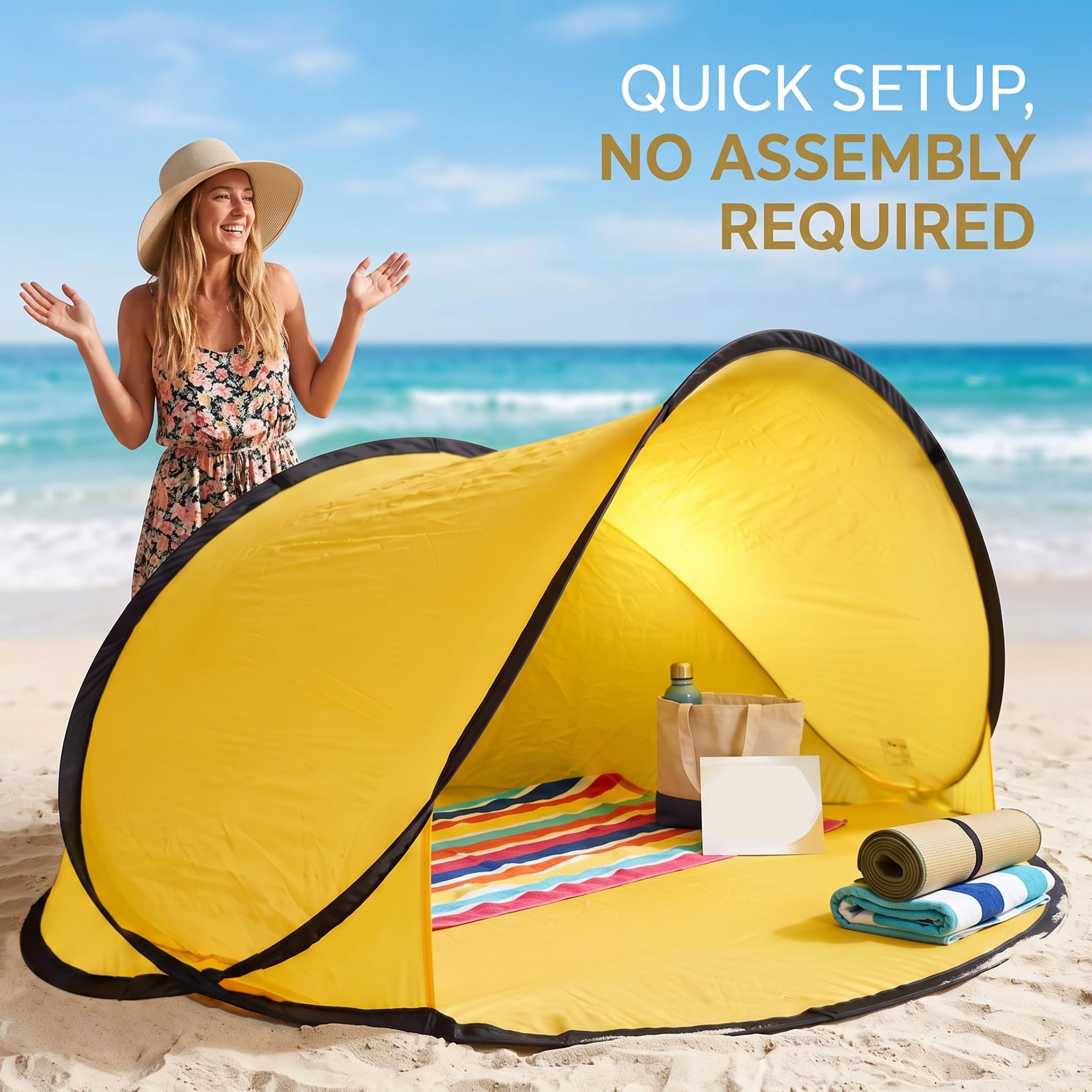 Tenda da spiaggia portatile, tenda con baldacchino pop-up a installazione istantanea, gialla