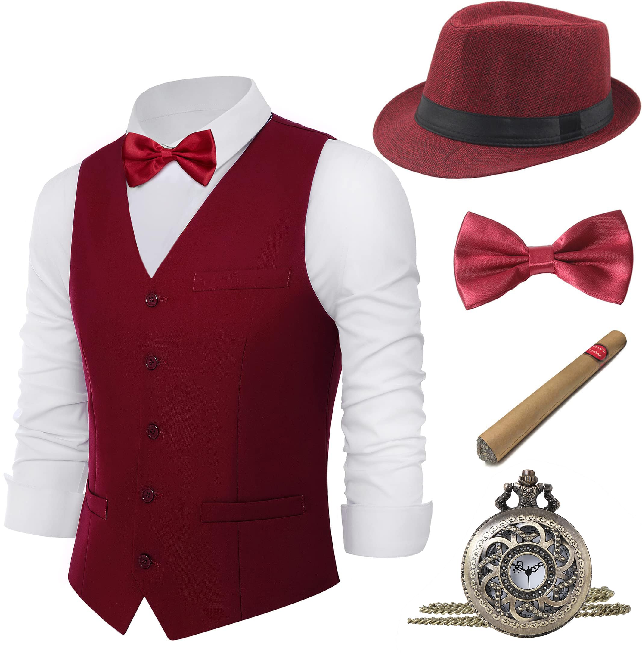 BABEYOND 1920s Mens Gatsby Gangster Vest Costume Accessories Set Fedora Hat, Wine Red, Large