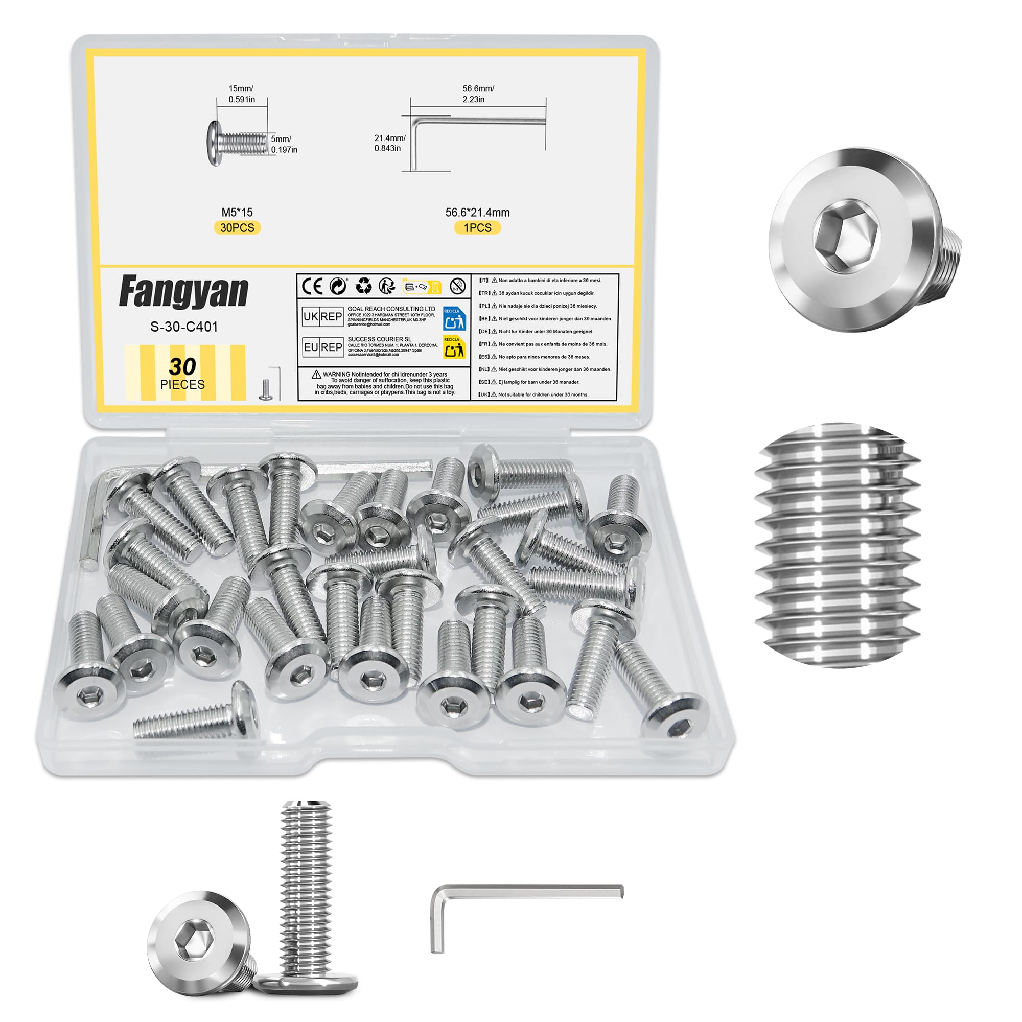 Fangyan 30PCS M5 x 15mm Flat Head Socket Screws, 304 Stainless Steel Large Flange Allen Machine Bolts with Hex Wrench, Hex Socket Fasteners for Furniture, Cabinets, Metal Frames & DIY Repairs
