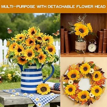 TURNMEON 28Pcs Sunflowers Artificial Flowers for Outdoors Summer Decor, 4 Pack Fake Flowers Silk Faux Sunflower Bouquet Mum Flowers Arrangement for Vase Wedding Table Indoor Home Fall Cemetery Decor