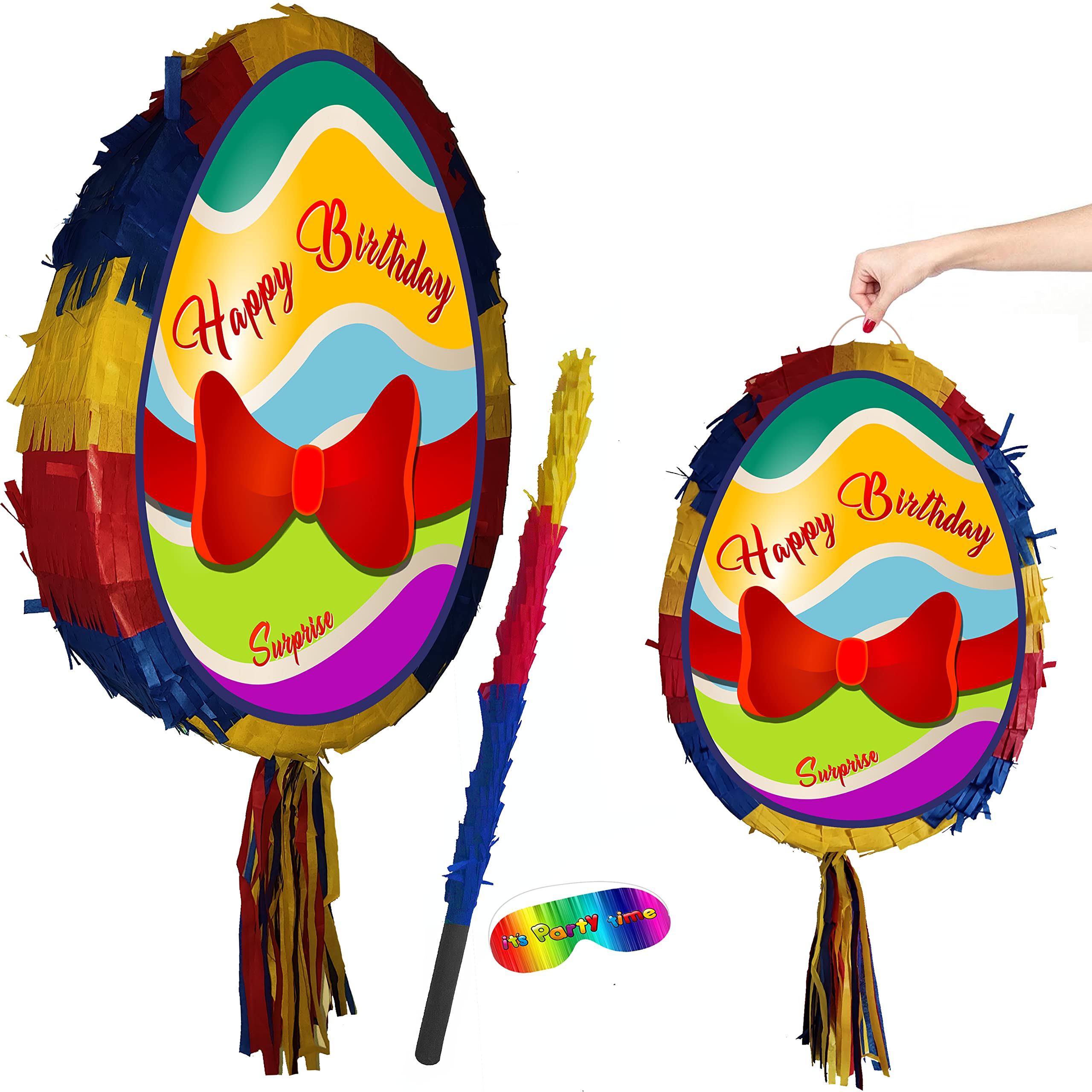 Surprise Egg Theme Smash Piñata with Stick and Blindfold, Multicoloured Cardboard Egg Pinata for Easter and Birthday Parties