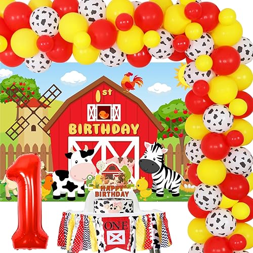 Decoraciones de primer cumpleaños de animales de granja, kit de arco de guirnalda de globos de granja, telón de fondo, una pancarta para silla alta,