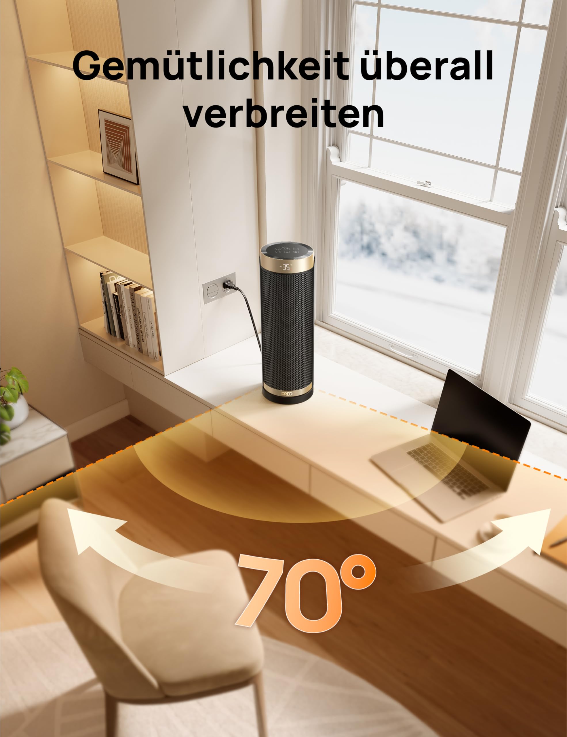 Dreo Solaris Slim H3 PTC Keramik Heizlüfter, 70° Oszillierend, 12-Std-Timer, 3 Modi, Überhitzungsschutz