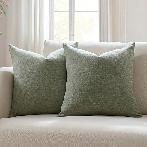 Meekio Juego de 2 fundas de almohada de lino color salvia oscuro de 22 x 22 pulgadas, fundas de almohada decorativas de lino con estilo bohemio y