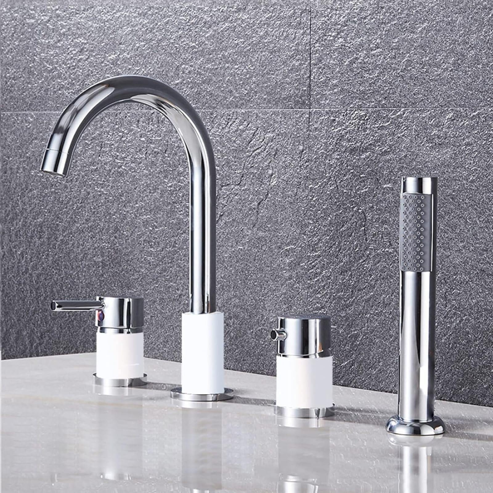 Rubinetto Vasca 4 Fori con Doccetta, Miscelatore Bagno in Ottone G1/2, 360°(Bianco+cromo)