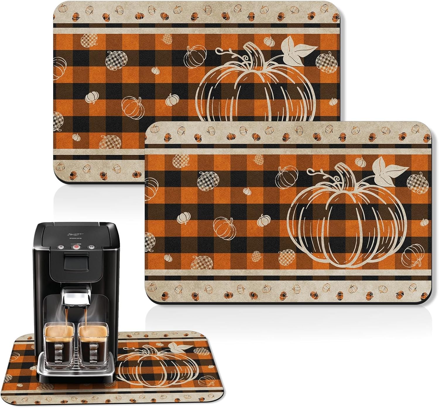 Arttown Coffee Mat for Countertops, 2 Pack, 12" x 19", Pumpkin Plaid Fall