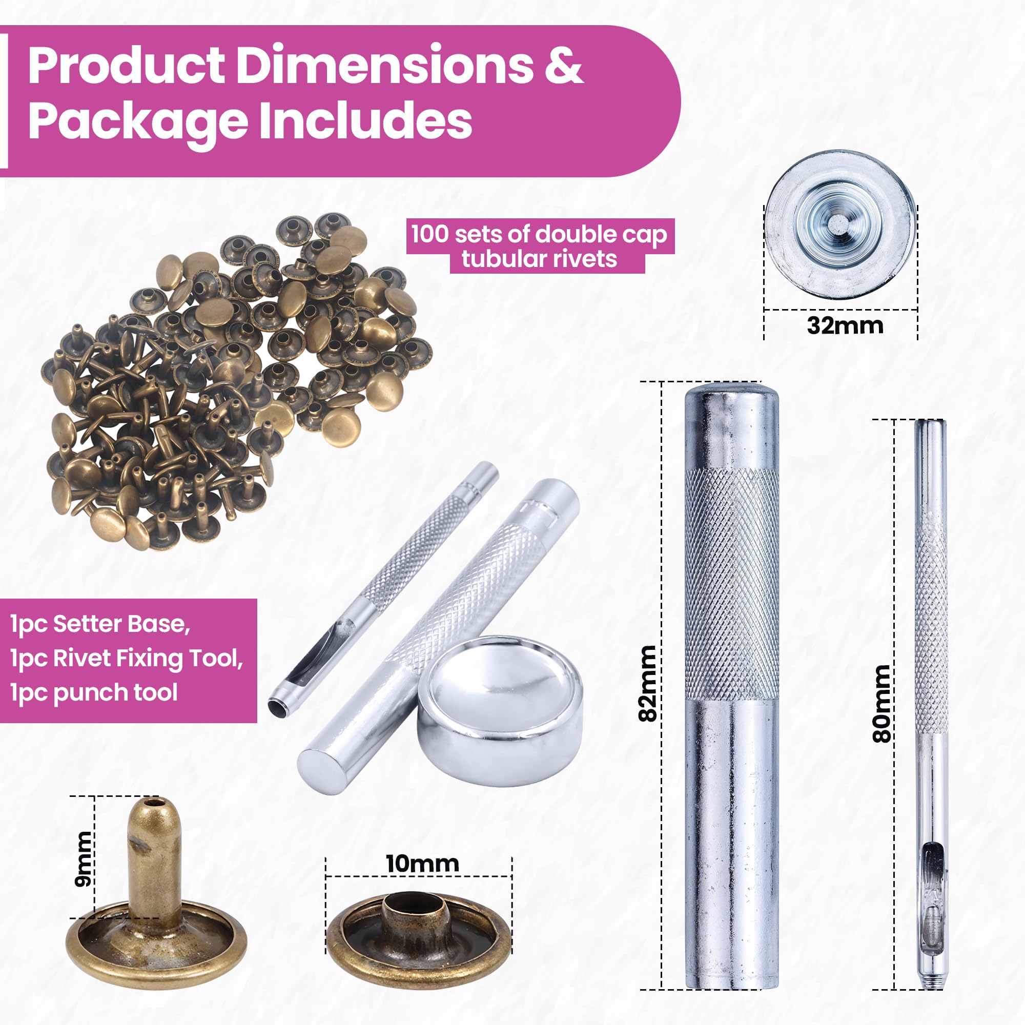 WedDecor Double Cap Tubular Rivets Studs & Tool Kit for Leathercraft, Bags, Belts, Dog Collar, Footwear, Fabric Decoration, DIY Craft Projects, 10mm, Bronze, 100pcs