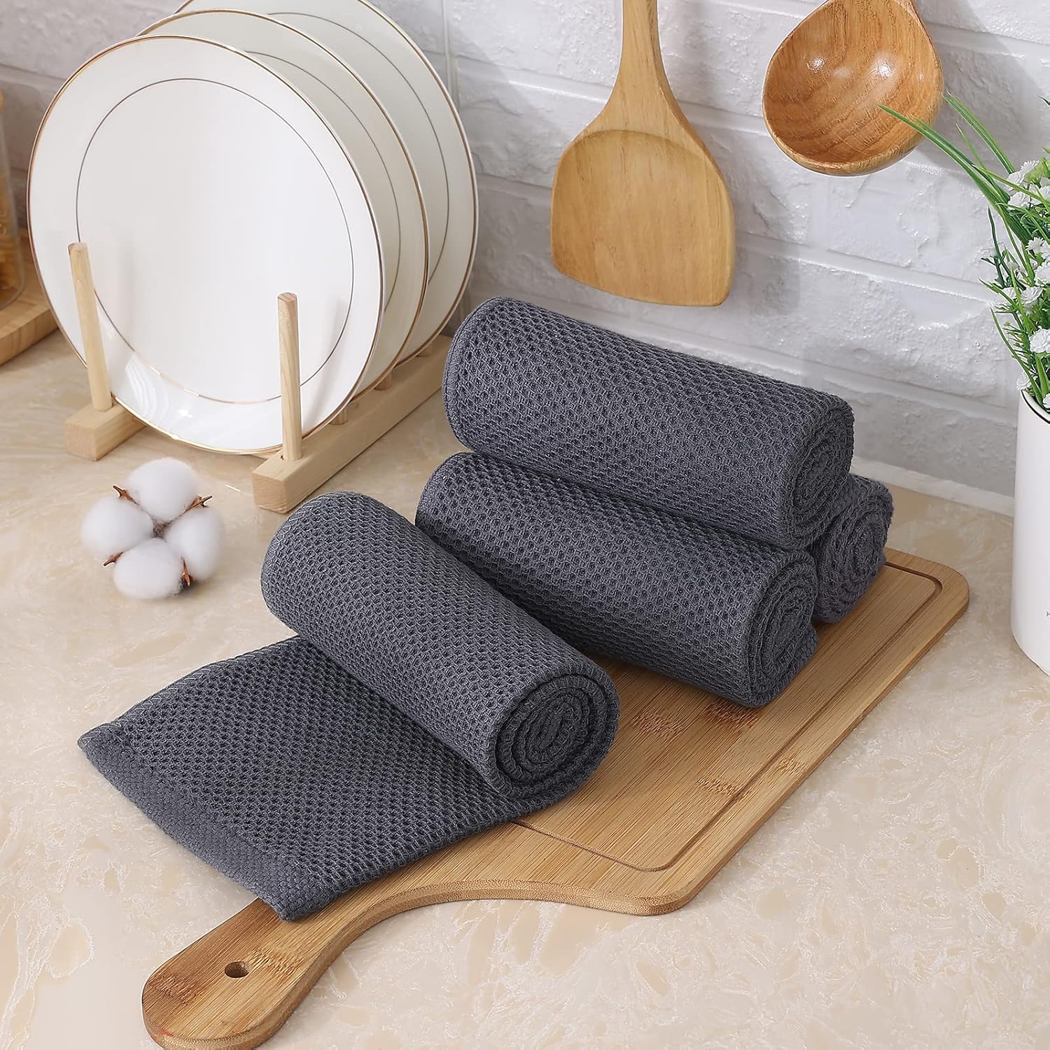 Kitinjoy 100% Cotton Waffle Weave Kitchen Hand Towels (13 X 28 Inches, Dark Grey), 8-Pack Super Soft and Absorbent Dish Towel for Drying Dishes