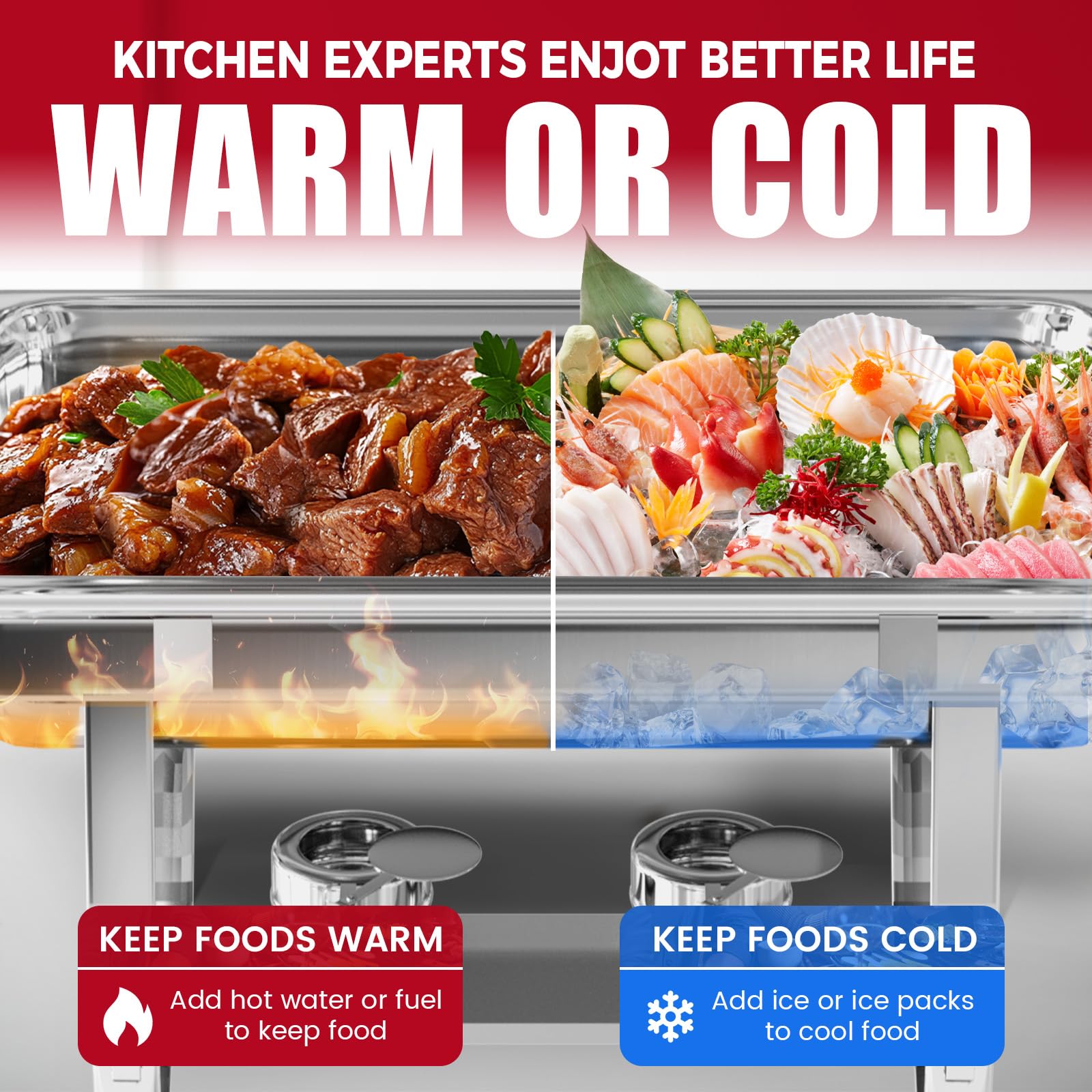 IMACONE Juego de 2 platos de rozaduras, rectangulares de 8 cuartos y redondos de acero inoxidable de 5 cuartos de galón para catering, chafers y calentadores de bufé con bandeja de alimentos y agua,