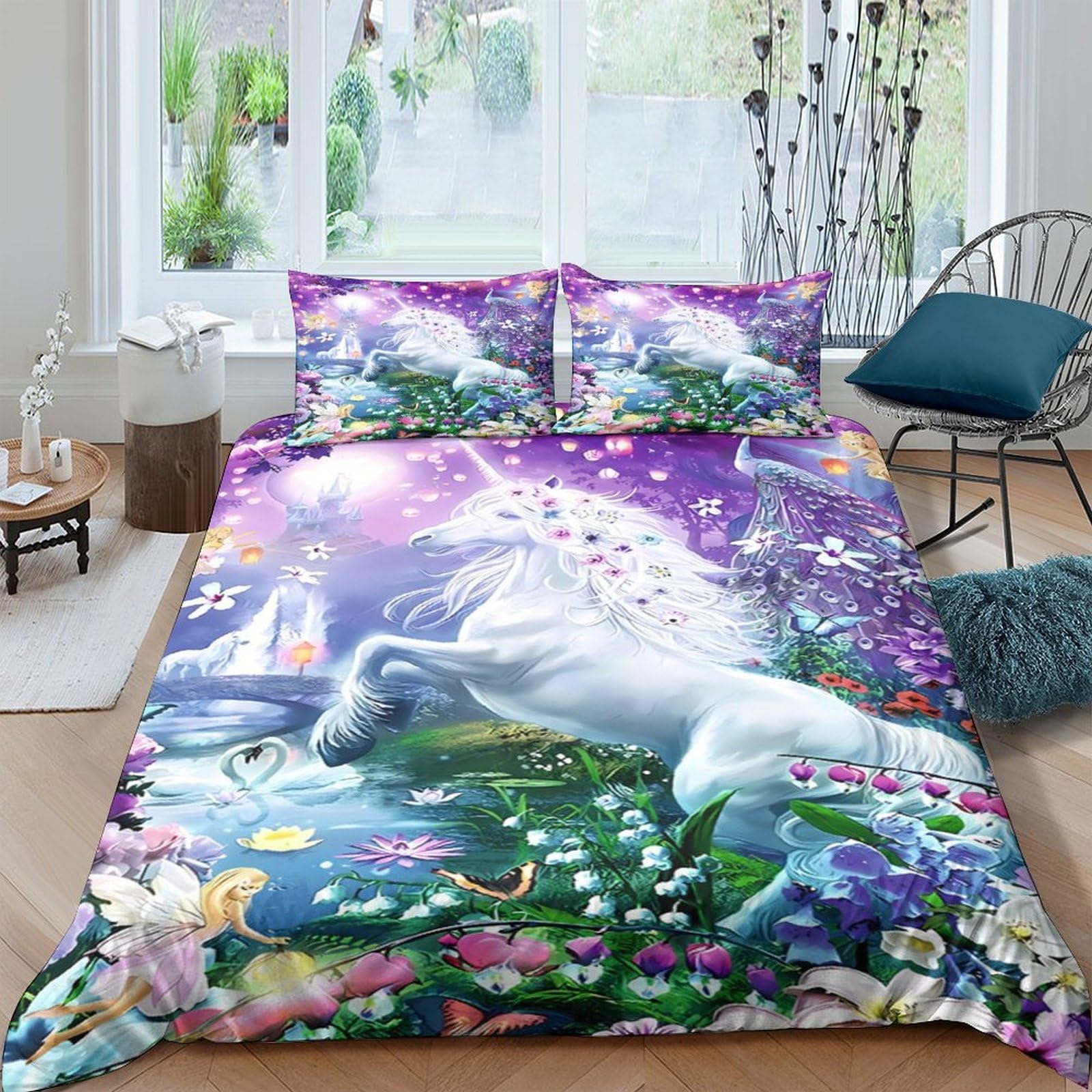 Ctjqhvkz Style-9 3D Printed Fantasy Unicorn Fitted Sheet Microfiber Soft Purple Forest Mattress Cover For Bedroom Dorm Room Decor Single（135X200cm）