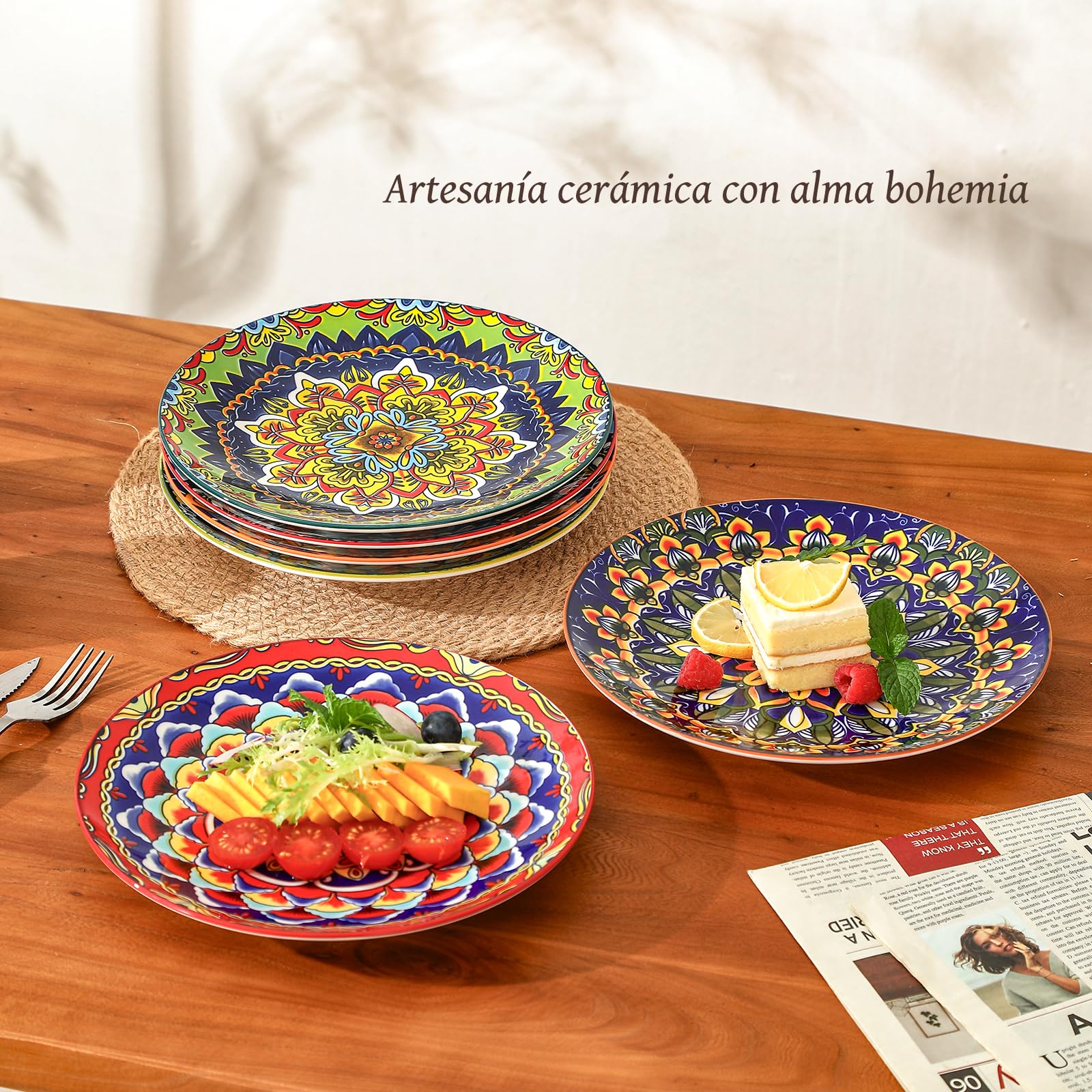 AHX Platos de Postre Colores de Cerámica - Juego de 6 Platos para Ensalada en Estilo Bohemio - Ideal para Servir Desayuno, Aperitivos y Tapas - Apto para Microondas y Lavavajillas - 22 cm