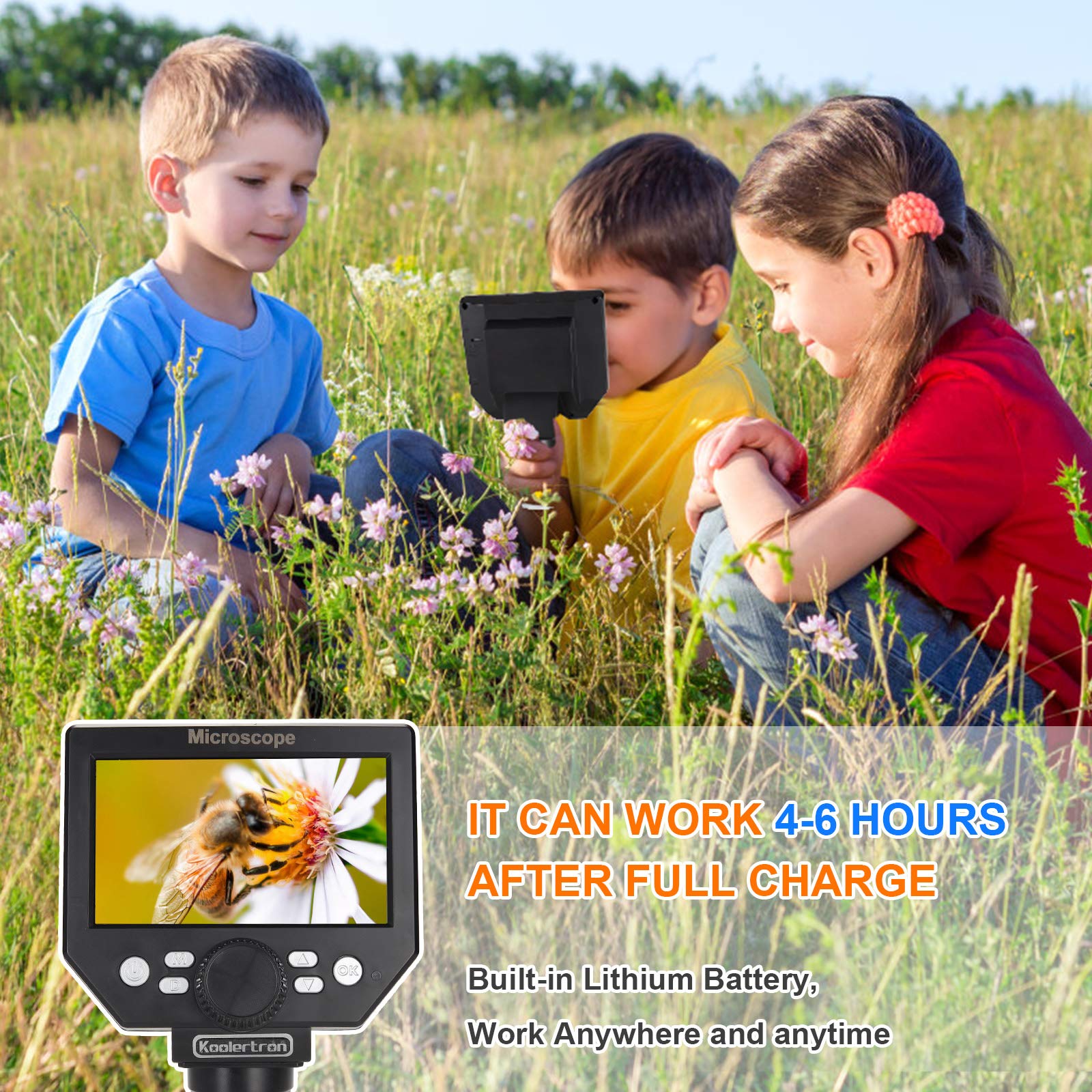 Koolertron Cyfrowy mikroskop LCD USB, 4,3", 1080p, 8 megapikseli, powiększenie 1000 x HD, kamera mikroskopowa dla dorosłych/dzieci, z 8 diodami LED, akumulator 2000 mAh