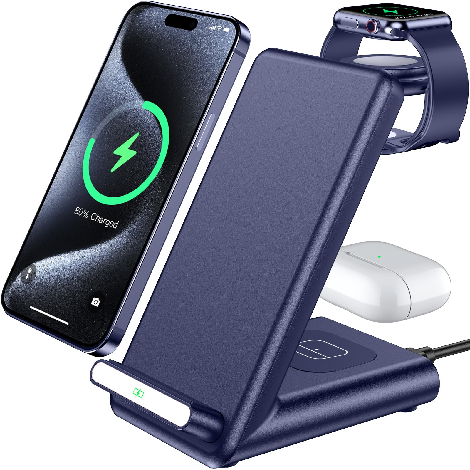 Estación de carga inalámbrica, soporte de carga 3 en 1 hecho para Apple Watch Ultra 10 9 8 7 6 SE 5 4 3, cargador inalámbrico rápido hecho para iPhone 16/15/14/13/12/11/X, para AirPods Pro (con