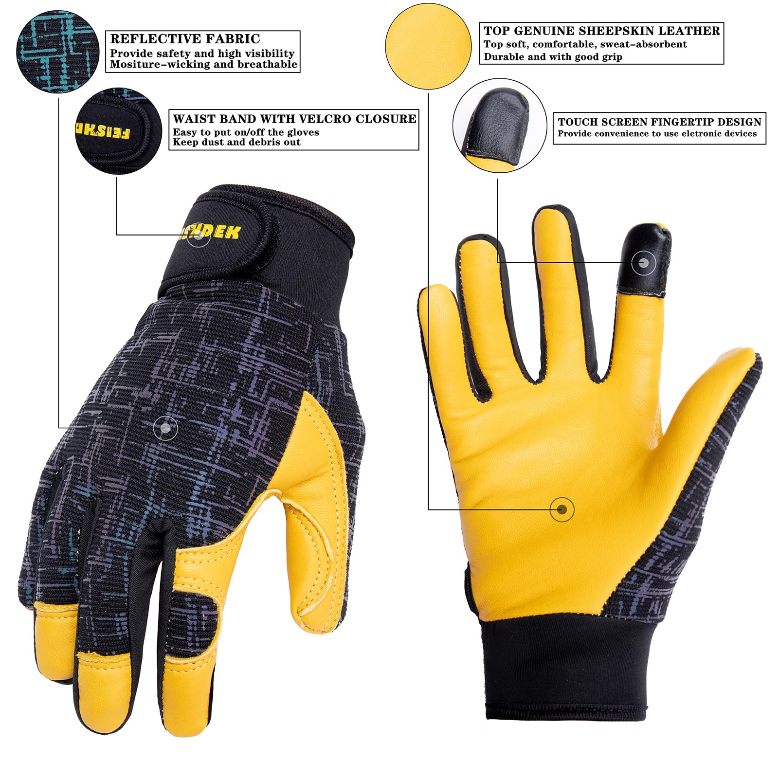 Gants de travail pour enfants en cuir véritable, gants de sécurité pour écran tactile, réfléchissants, respirants, pour enfants de 2 à 12 ans (noir, 2 paires, taille M (6-9 ans))