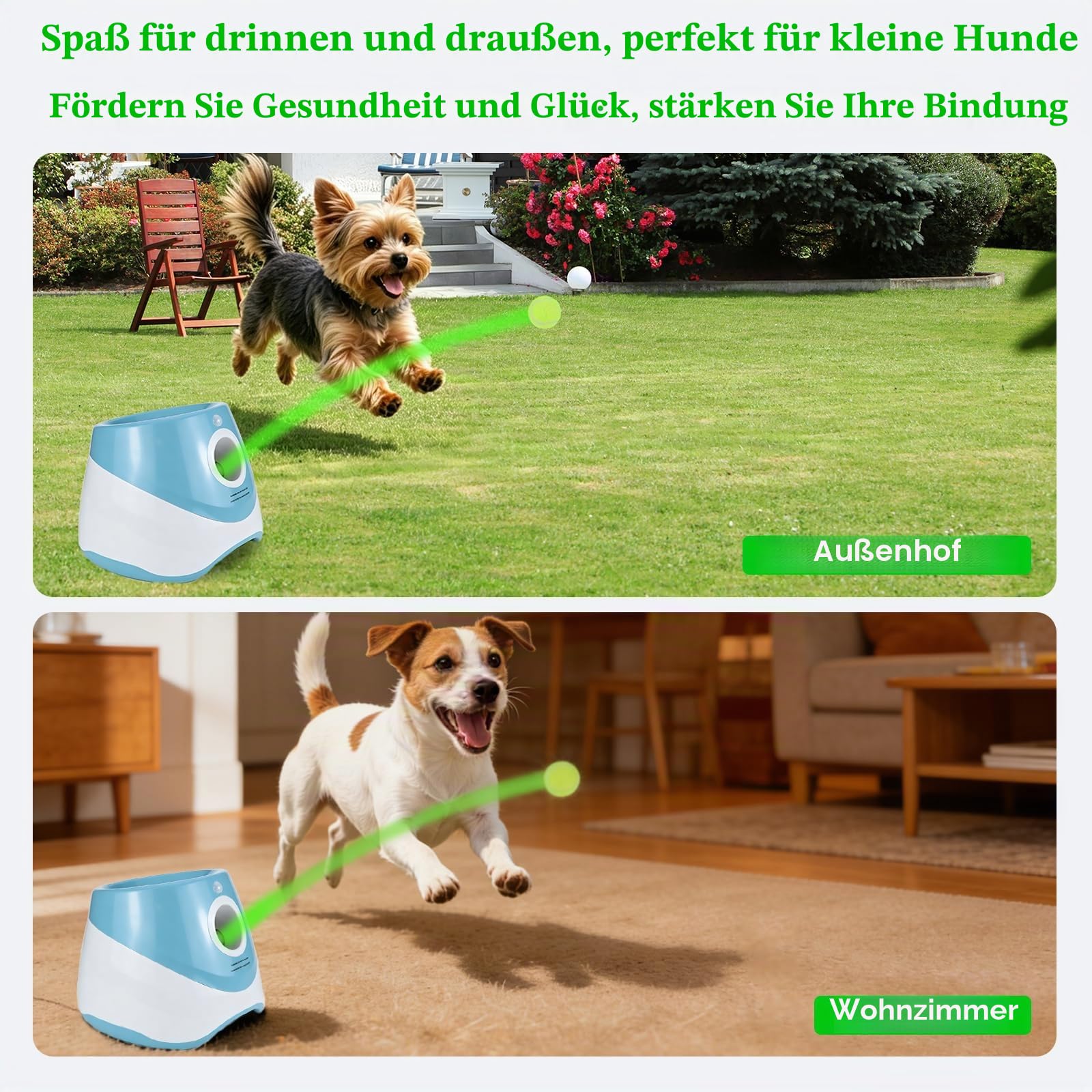 Automatischer Hunde-Ballwerfer für kleine Hunde drinnen draußen | Interaktives Spielzeug 15 Mini-Tennisbällen, 3 einstellbare Wurfweiten (3-9m), wiederaufladbar Blau
