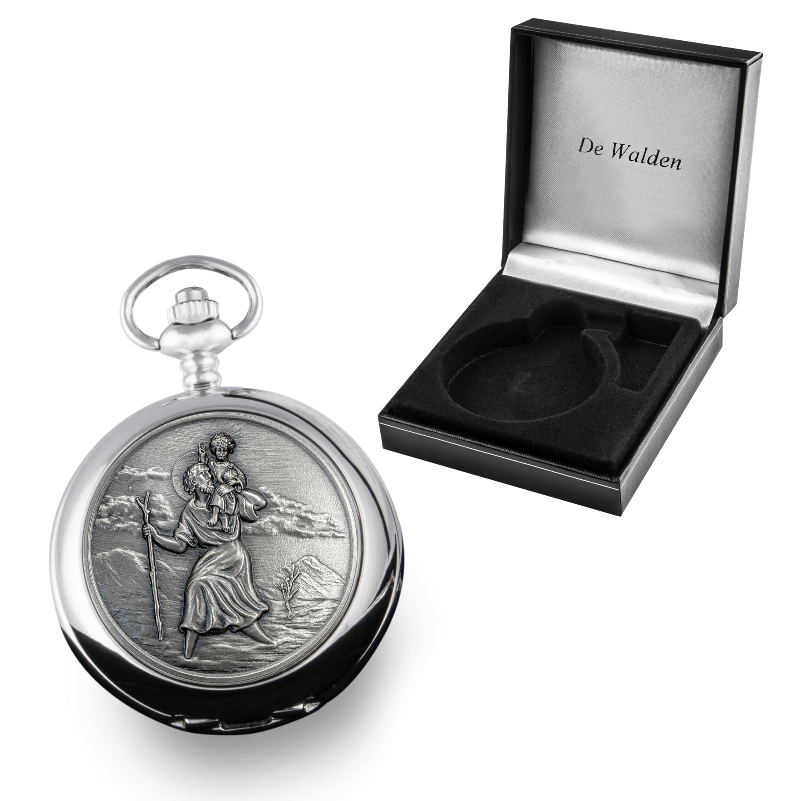 Montre gousset St Christophe en étain avec chaîne et boîte cadeau pour garçon Cadeau de baptême pour garçons filleul petit-fils, Argenté., Classique
