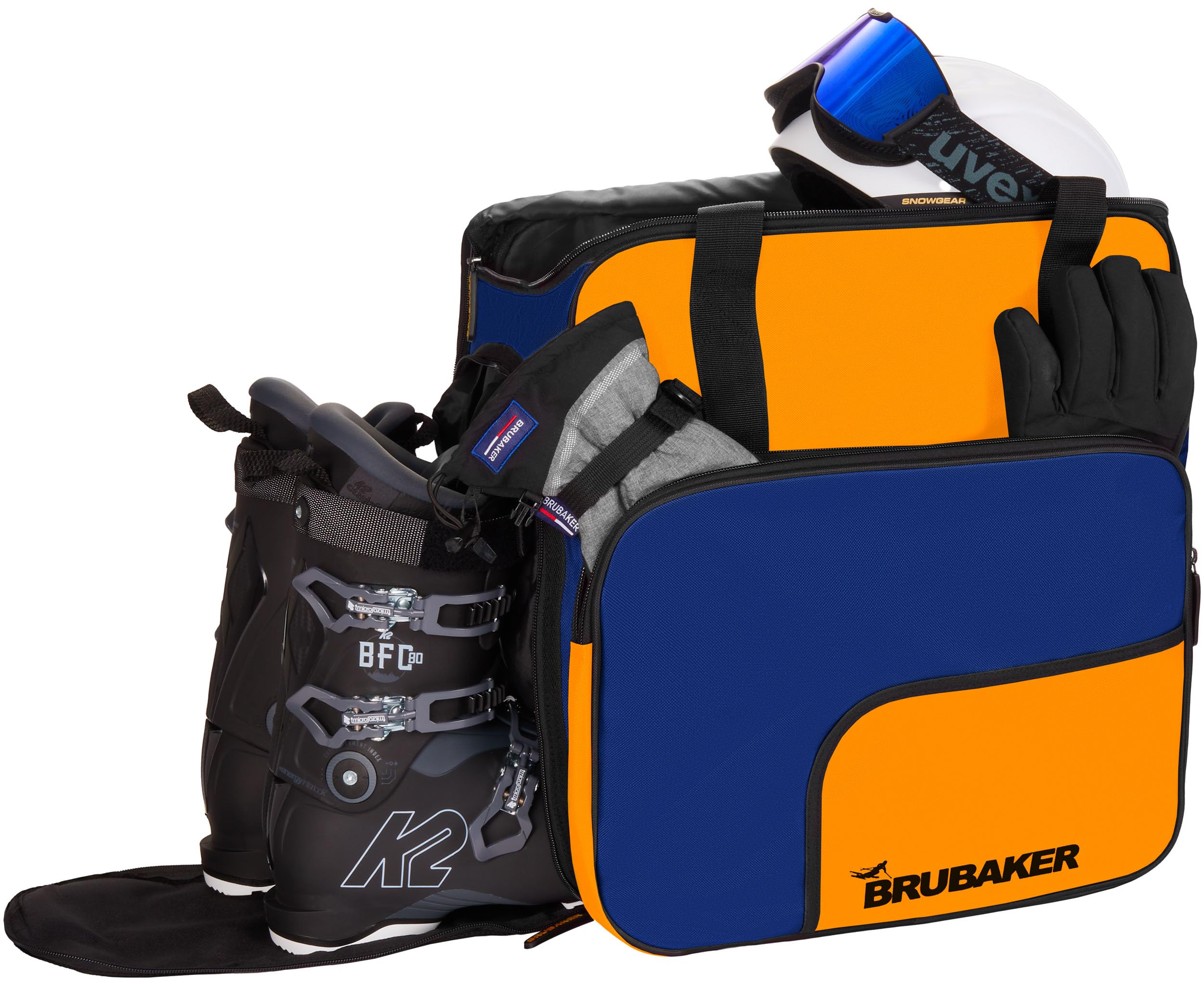 Brubaker Borsa per Scarponi da Sci con Scomparto per Casco - Super Function - Borsa da Sci con Funzione Zaino - Blu Arancione