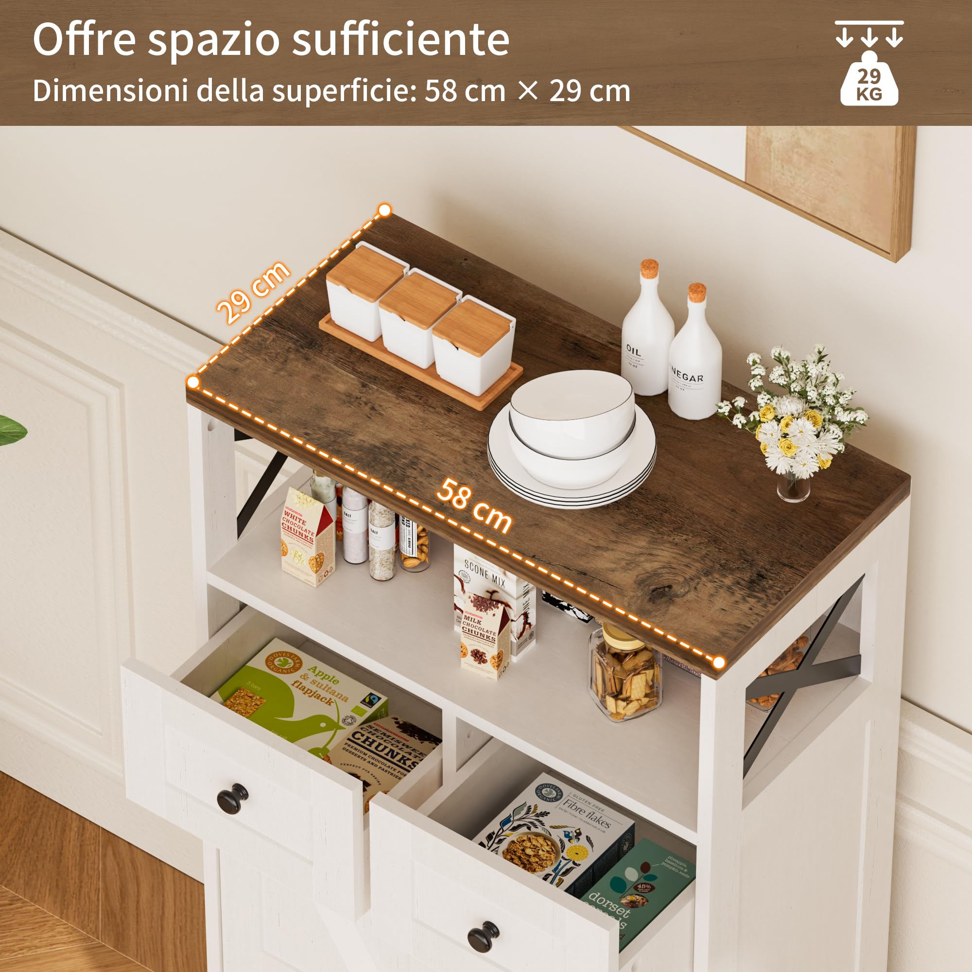 BonVache Mobile da Cucina, Buffet, Sideboard, con Porta e Mensola Regolabile, 2 Cassetti, per Cucina, Sala da Pranzo, Soggiorno, Bianco