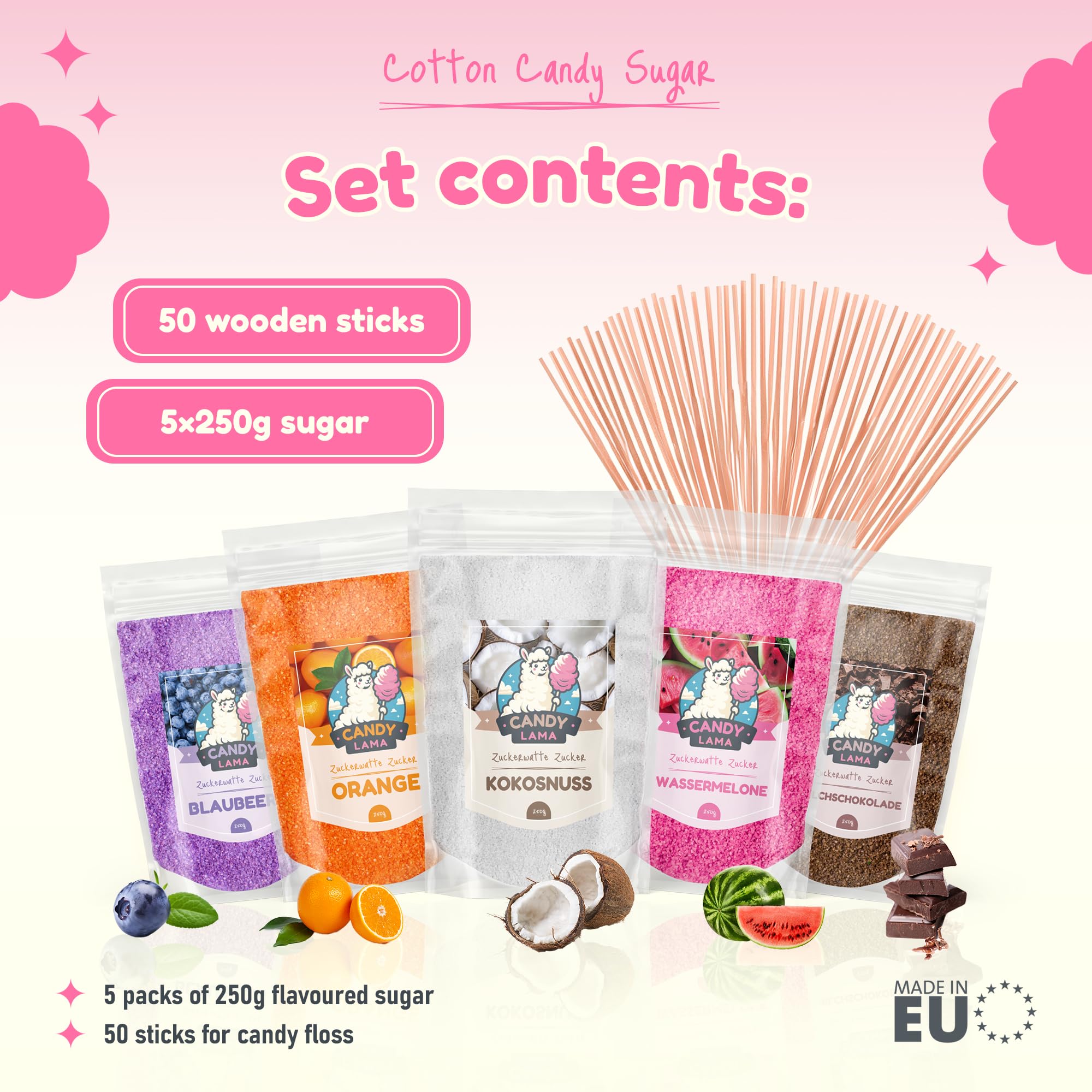 CANDY LAMA Sucre Barbe à Papa pour machine 5 x 250 gr Poudre Barbapapa Arômes Naturels - Lot de 5 Goûts (Baies/Orange/Noix de coco/Pastèque/Chocolat au lait) + 50 Bâtonnets