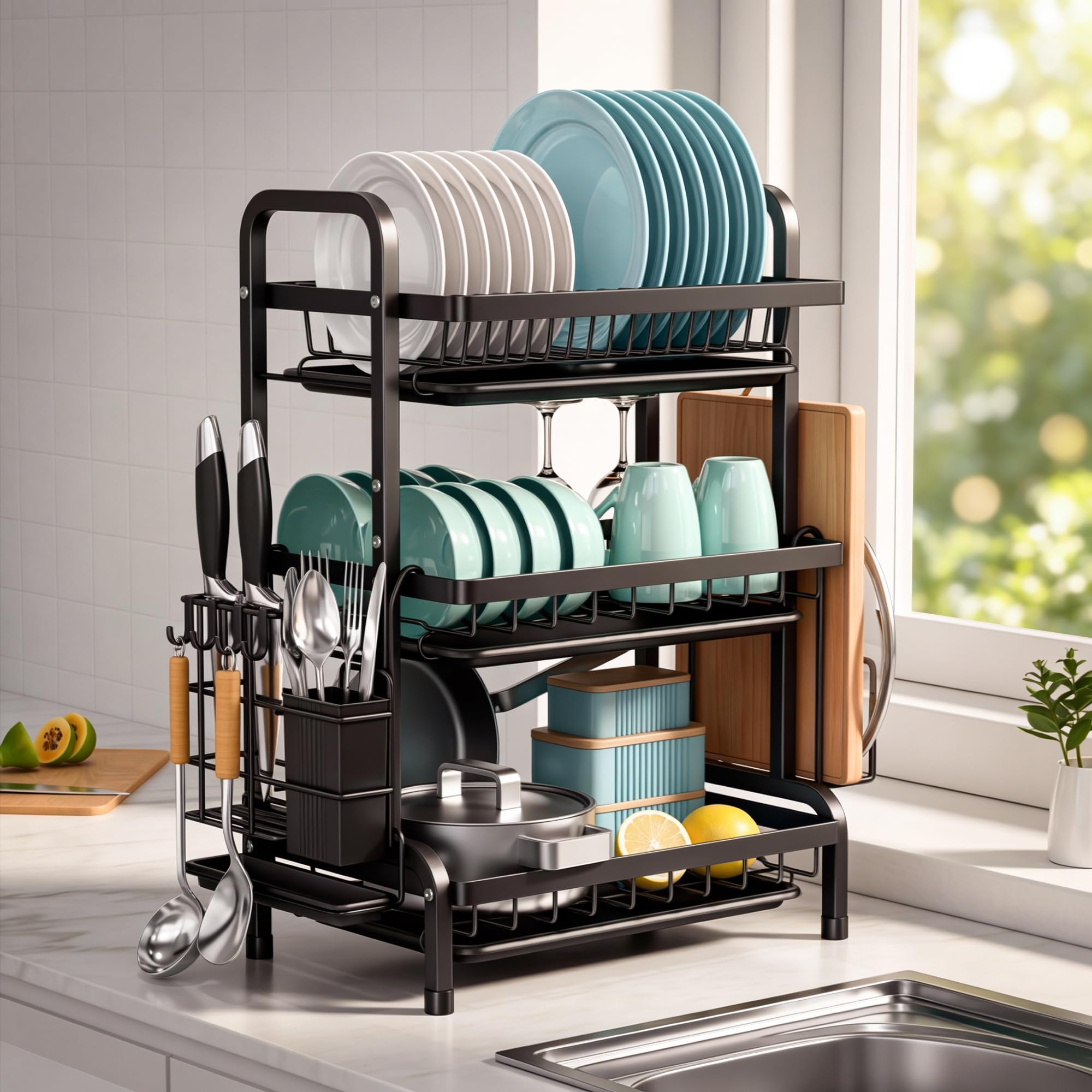 Dish Drainers Rack with Drip Tray, 3 Tier Large Dish Drying Rack with Draining Board and Cutlery /Chopping Board Holder over Sink, Dish Dryer Rack For Plate/Utensil on Kitchen Countertop (3-tier)