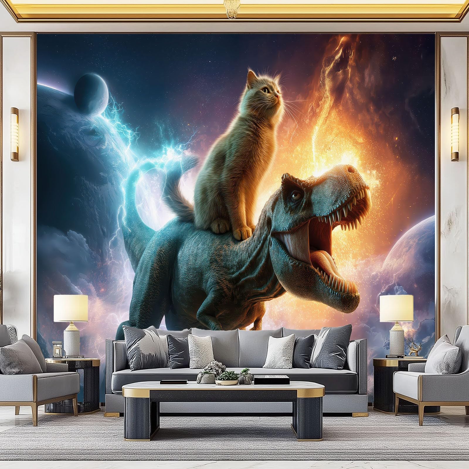 Tapeta 350 x 256 cm, panoramiczna tapeta z włókniny fantastyczne koty dinozaury błyskawica, kolorowe dekoracje ścienne plakat z nadrukiem 3D gobelin