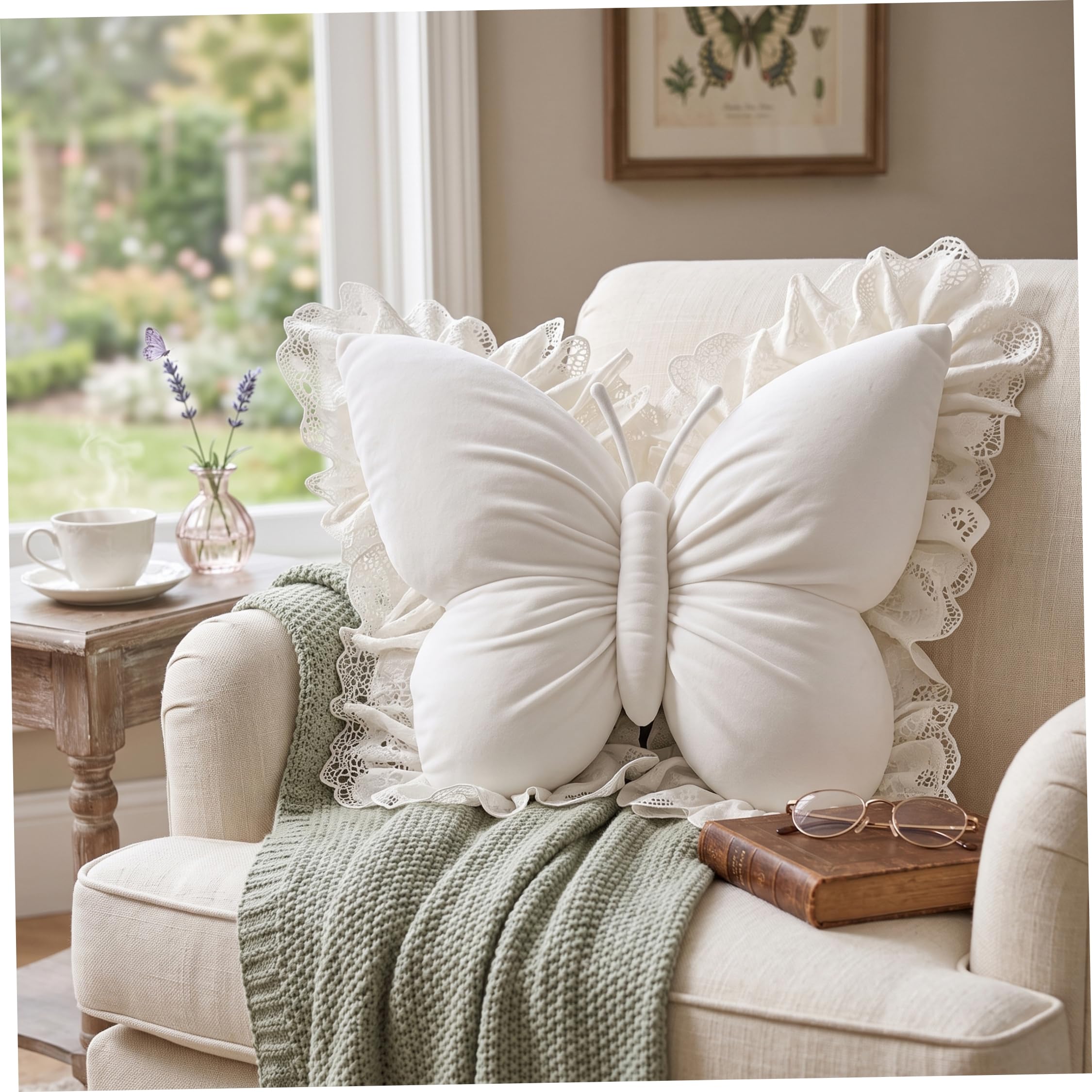 Faticenic Butterfly Throw Pillow, Decorative Lumbar Pillow For Bed, Lace Trimmed Cushion For Bedroom & Car - White, Decorative Throw, Pillows For Bedroom