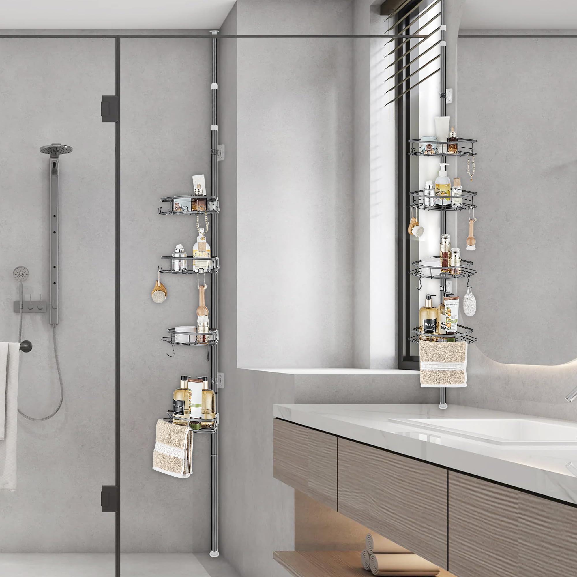 DUFU Etagere Douche Telescopique avec 4 Étagère de Rangement d'Angle pour Salle de Bain et Wc Réglable en Hauteur 85-325cm Métal Gris