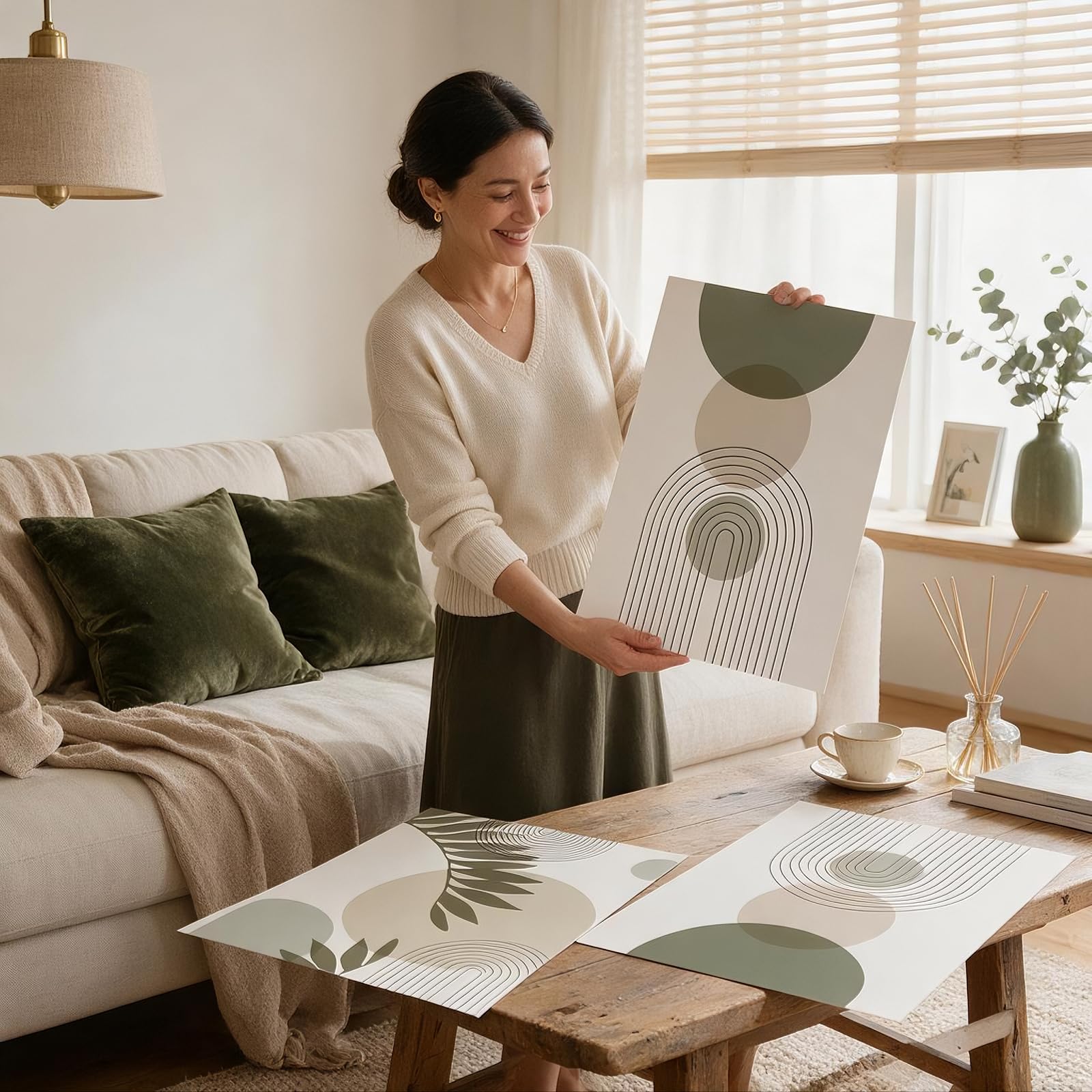 PWAAHDC Juego de 3 decoraciones de pared verde salvia, imágenes boho para salón y dormitorio, estampados modernos en lienzo (sin marco, 50 x 70 cm)