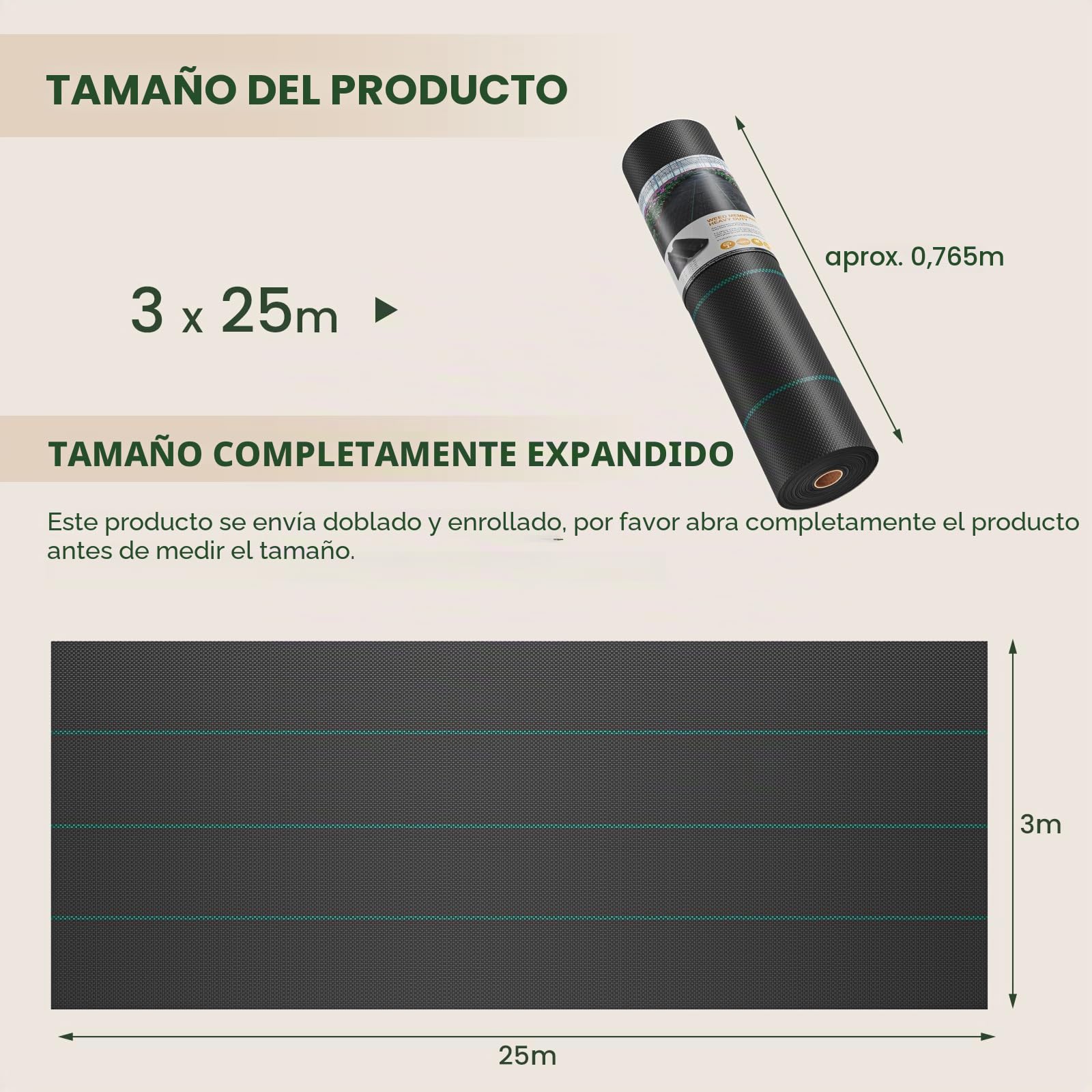 3 x 25 m Malla Antihierbas, Malla contra Malas Hierbas, 90 g/m² Geotextil, Protección césped Artificial, Lona antimalezas jardín, Anti-UV, Negro