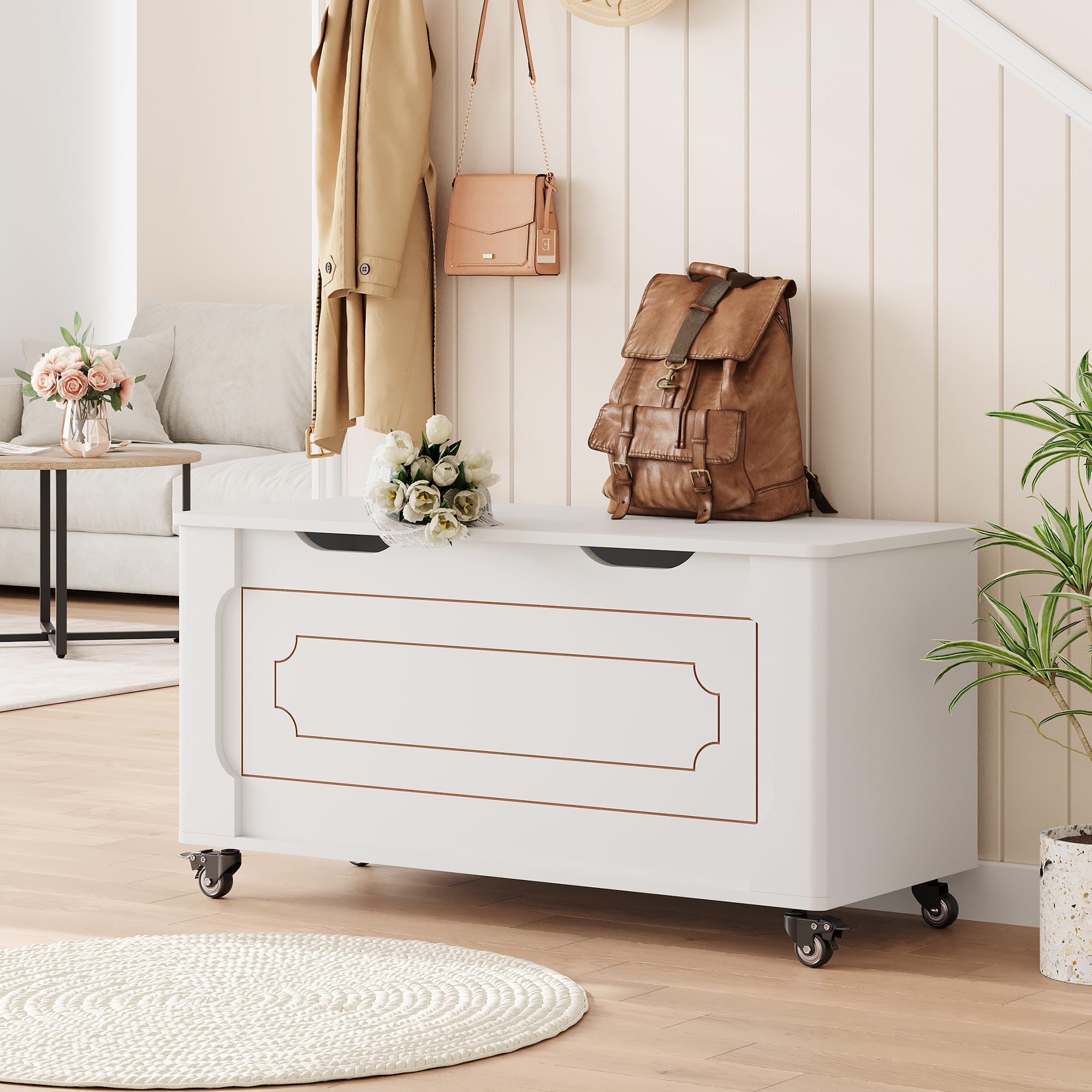 Garvee Sitzbank mit Stauraum – 100 cm Holz-Aufbewahrungsbank mit Rollen, Sicherheits-Scharnieren, bis 160 kg belastbar, abgerundete Ecken & U-Ausschnitt – Moderne Truhe für Flur, Wohnzimmer