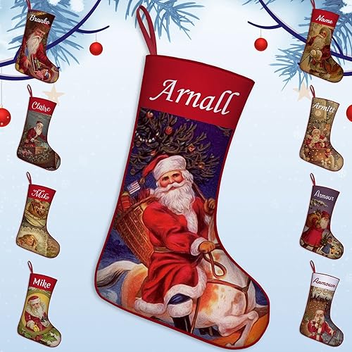 Calcetines de Navidad personalizados de Papá Noel bordados con nombre personalizado, medias vintage para decoración familiar de Navidad, decoración