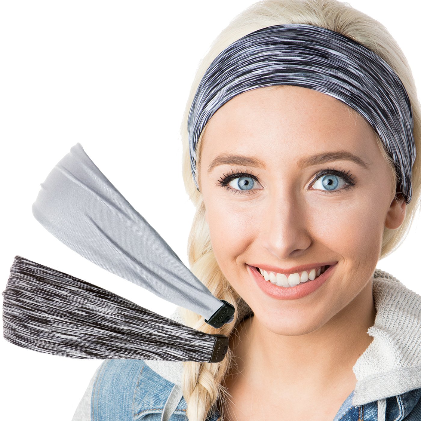Hipsy Women's Adjustable & Stretchy Xflex Pastel Yoga Headband Multi Packs (Grey & Light Grey 2pk)