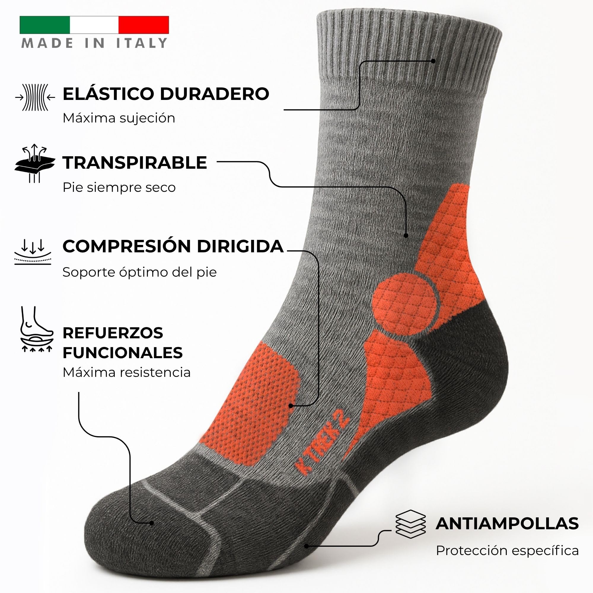 Kaiera - Trek Mid - Calcetines Técnicos de Trekking de Lana Merina, cómodos para las 4 Estaciones, Reforzados y Made in Italy
