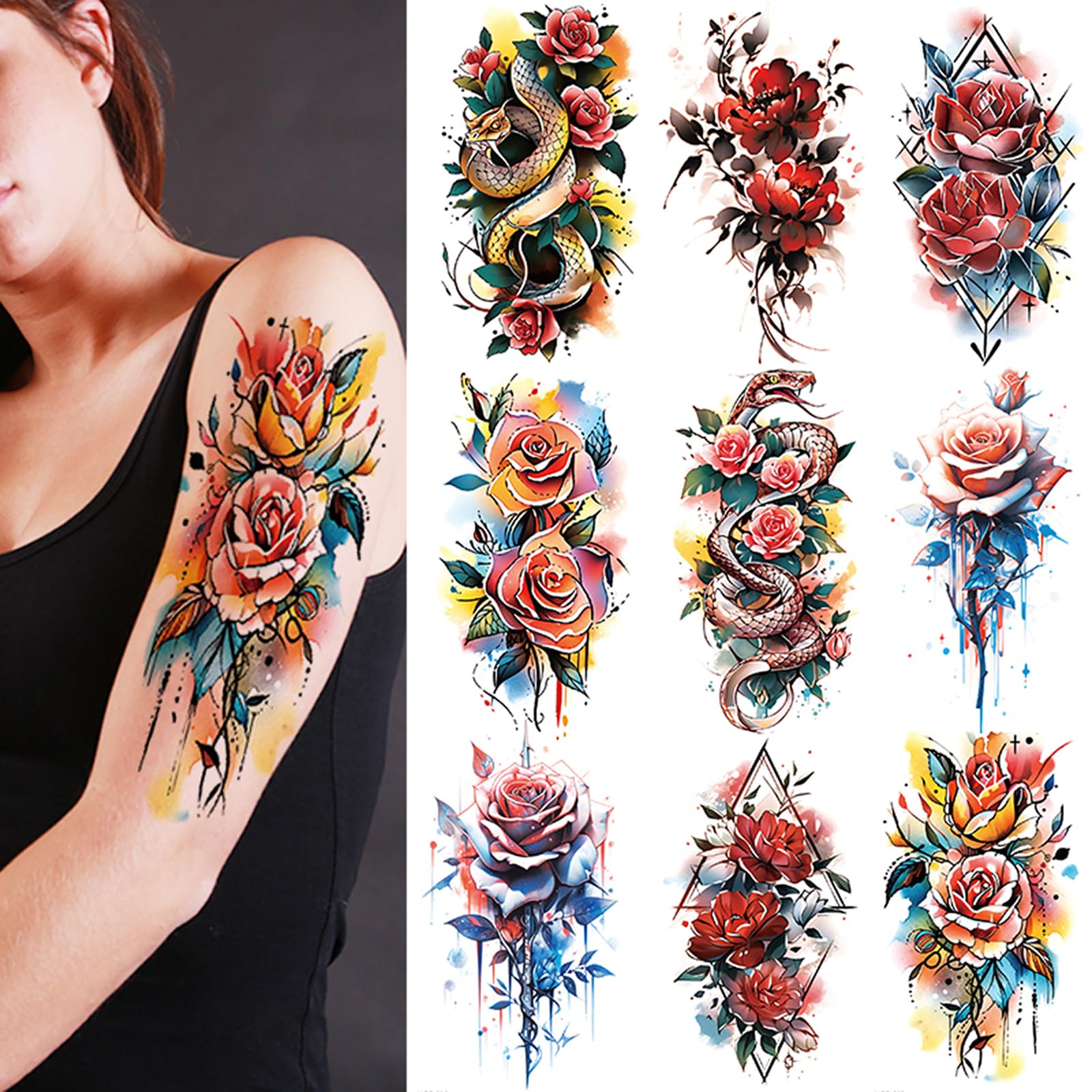 9 Sheets Flowers Temporary Tattoos, Watercolour Roses Snake Stickers, Long Lasting Floral Tattoos, Makeup Body Art Waterproof Fake Half Arm Tattoos for Women Men Girls