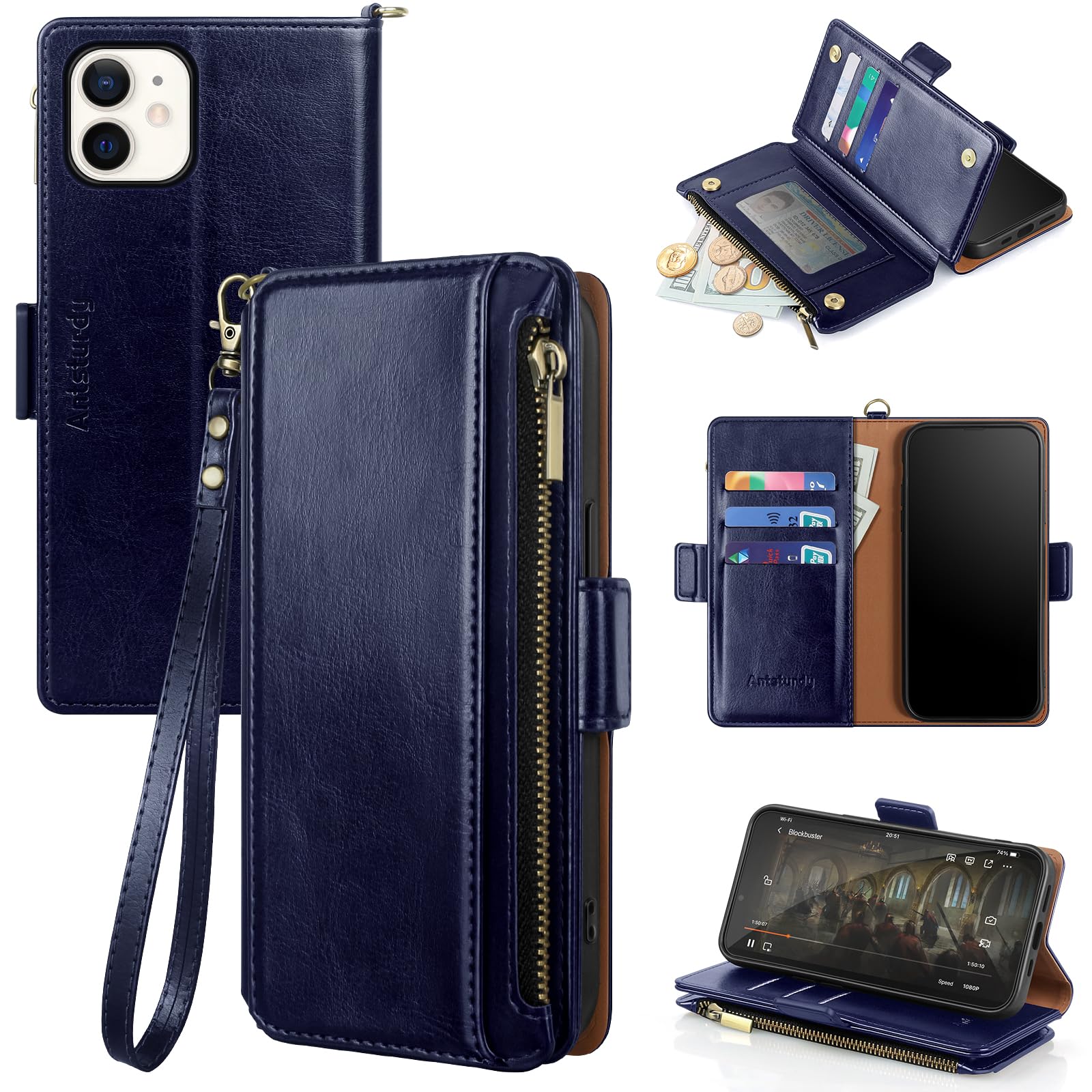 Antsturdy for iPhone 11 Phone Wallet Case Women,Dark Blue | RFID Blocking,with Credit Card Holder Slots,PU Leather Purse,Zipper Pocket,Wrist Strap