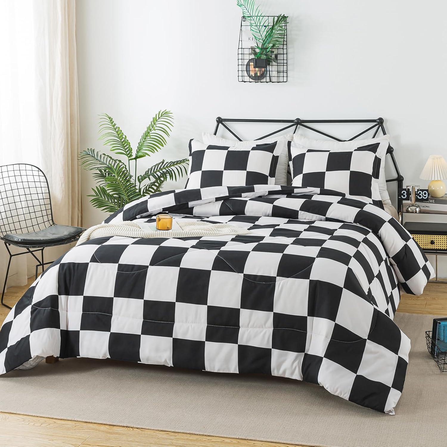 Caressma Black White Plaid Comforter Set Full Size, Buffalo Check Plaid Comforter Bedding Set for All Seasons, Farmhouse Soft Microfiber Comforter with Pillowshams
