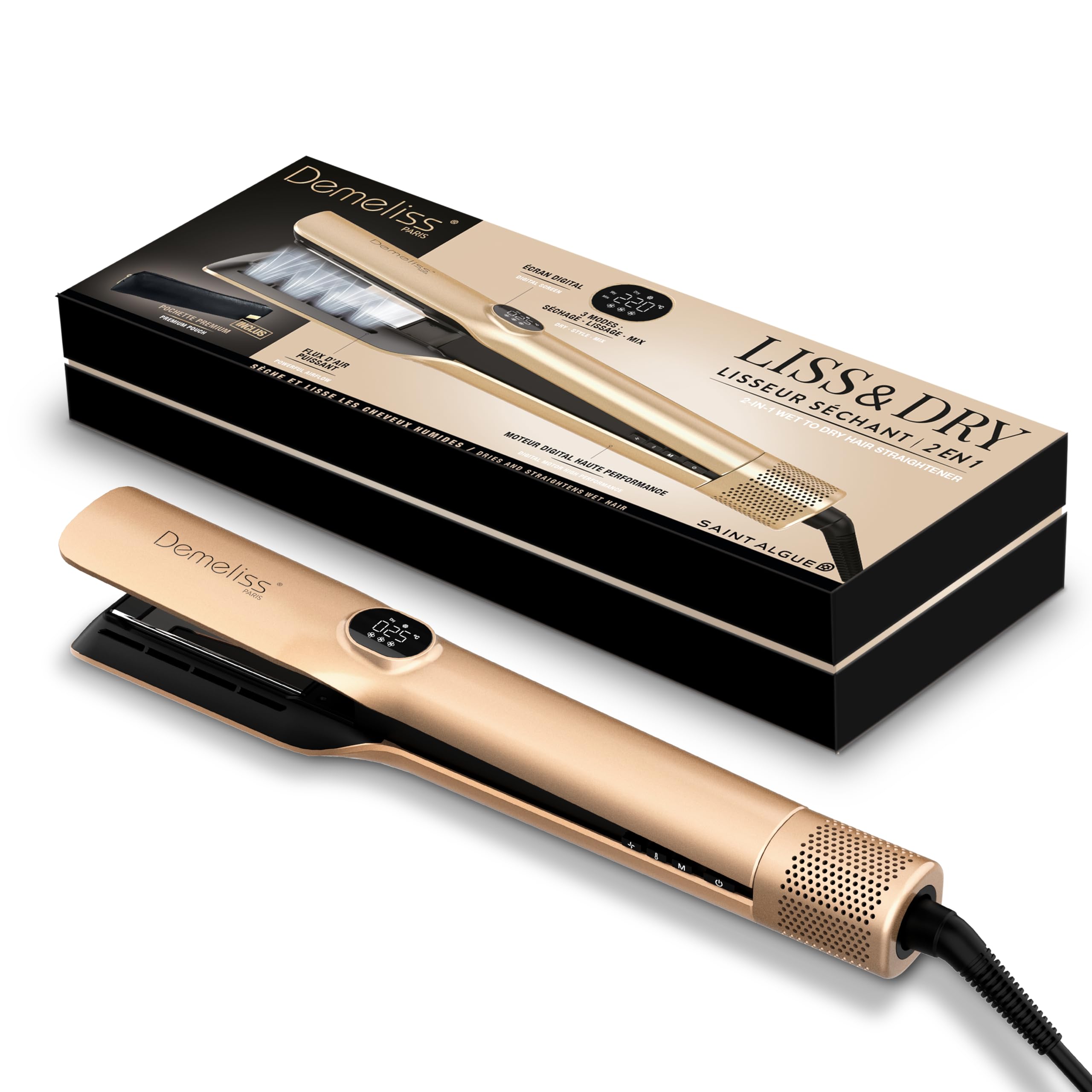 Demeliss Lisseur Séchant Liss & Dry – Fer à Lisser 2-en-1 – Sèche, Lisse - Cheveux Humides – Moteur Digital BLDC Puissant – Lissage Rapide – Accessoire Coiffure Femme - Trousse Thermorésistante