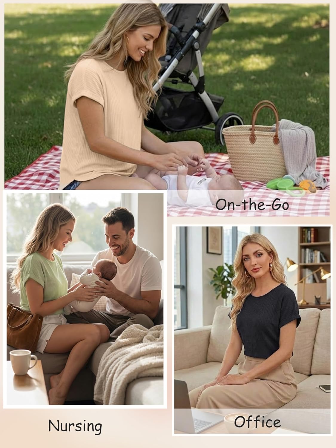 Ecavus 3 Pack Women's Nursing Shirts for Breastfeeding with Hidden Zipper Short Sleeve Ribbed Comfortable Nursing Tops - Image 3