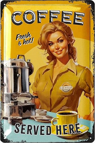 Letrero de metal vintage para café, café fresco y caliente, divertido letrero de cocina, 12 x 8 pulgadas