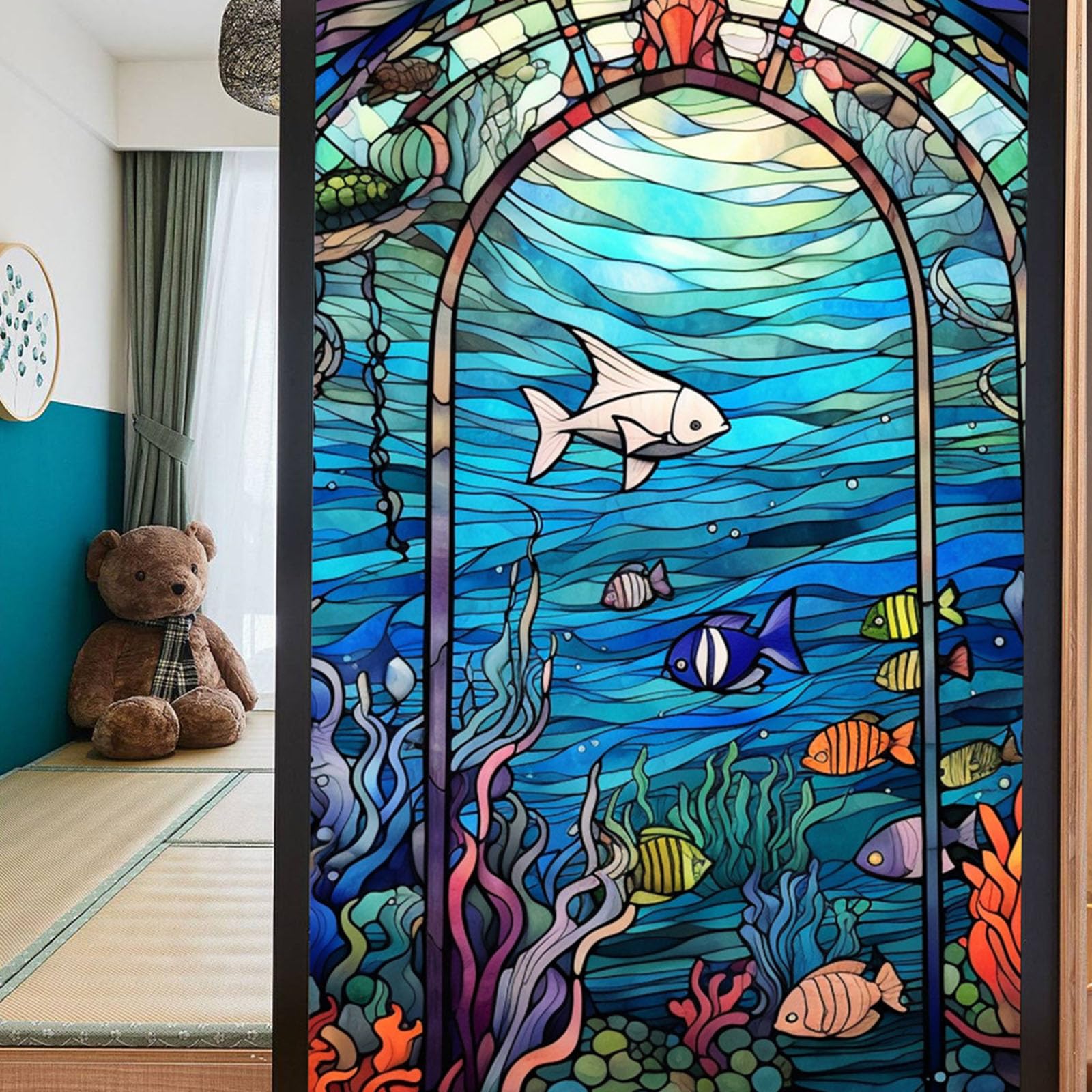 WAZUBC 2 Pcs Stained Glass Window Film, 45 * 100cm Static Cling PVC Matte Window Film Privacy Film for Window Glass Living Room Home Party Decoration (Style J)