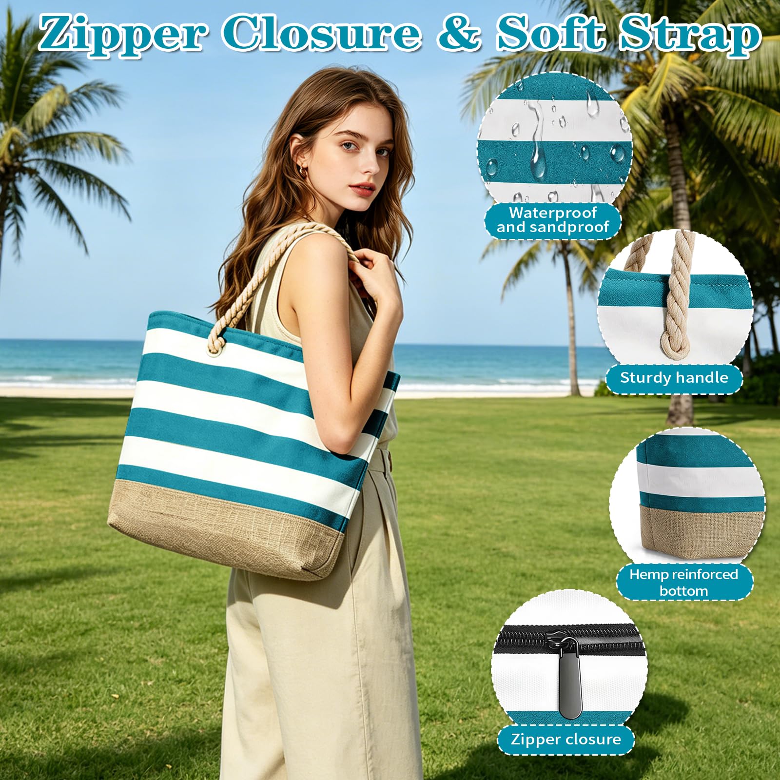 GEEKEO Bolsa de playa para mujer, bolsa de playa grande, impermeable y resistente a la arena, con cremallera, bolsa de playa, bolsa de compras para mujeres, playa, viajes