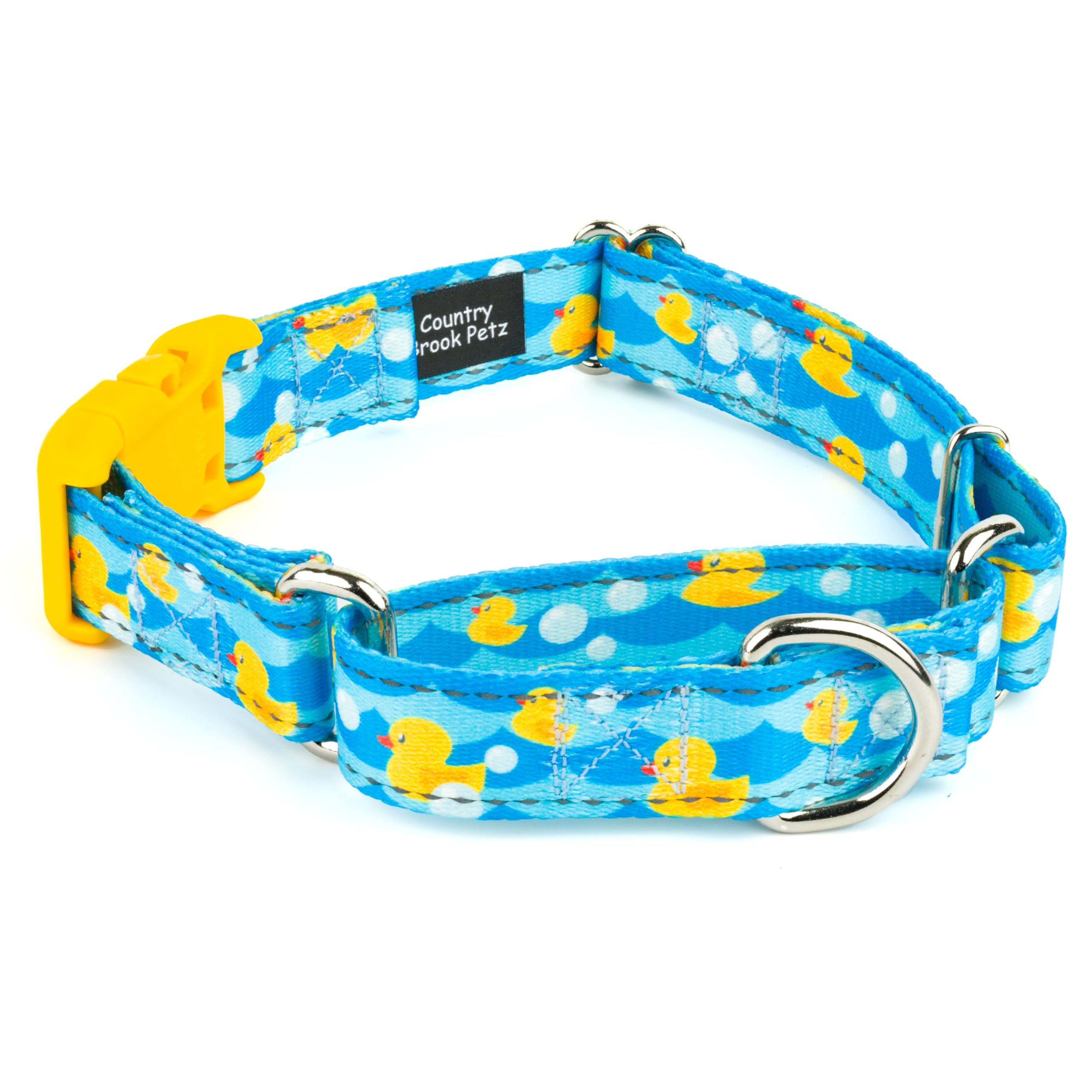 Country Brook Petz - Just Ducky Reflective Martingale Dog Collar with Deluxe Buckle Collection Featuring Night Safe Designs (1 Inch, Medium)
